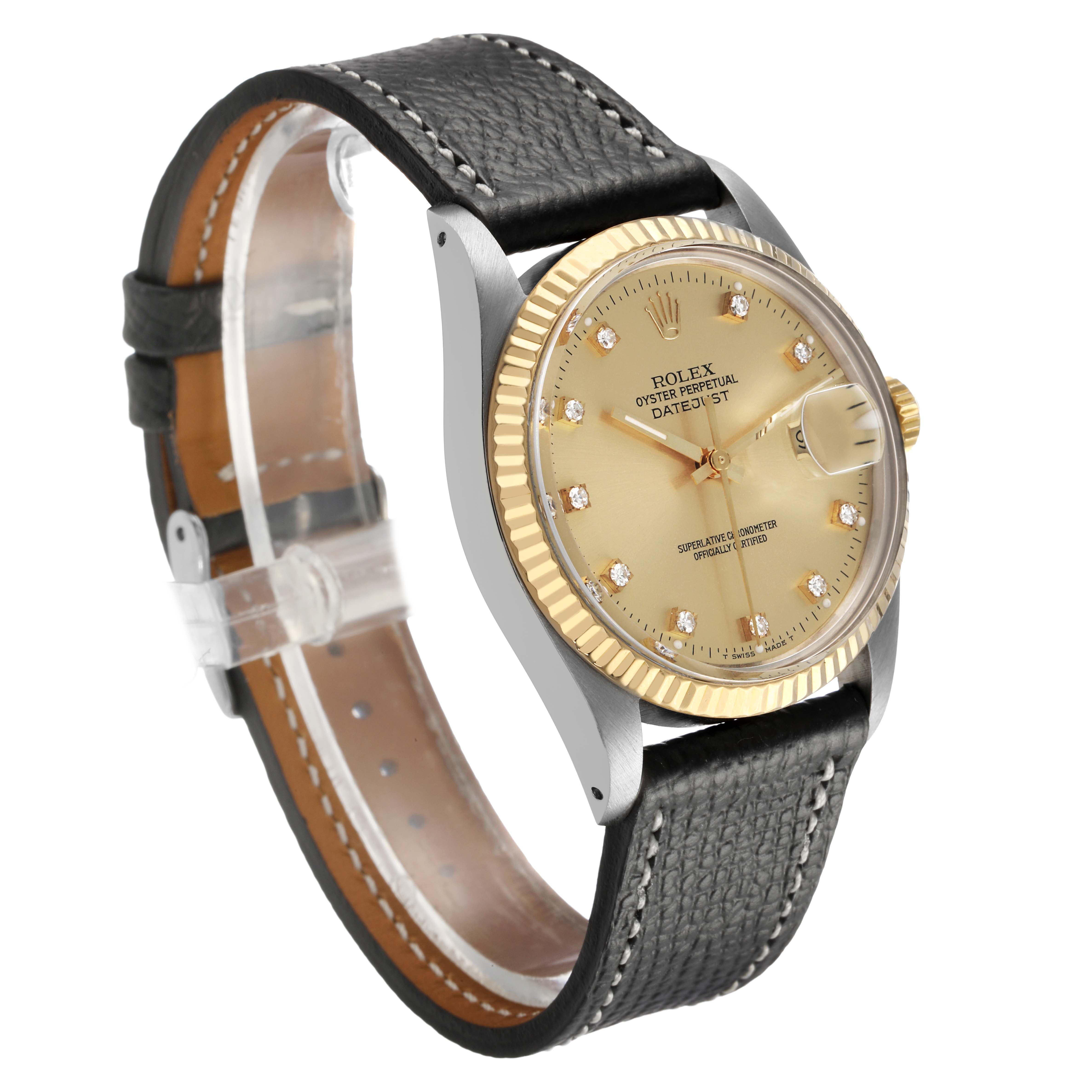The Rolex Datejust 16013 Men's Steel and Gold (two tone) Champagne Dial watch is shown at a slight angle, displaying the bezel, dial, crown, and leather strap.