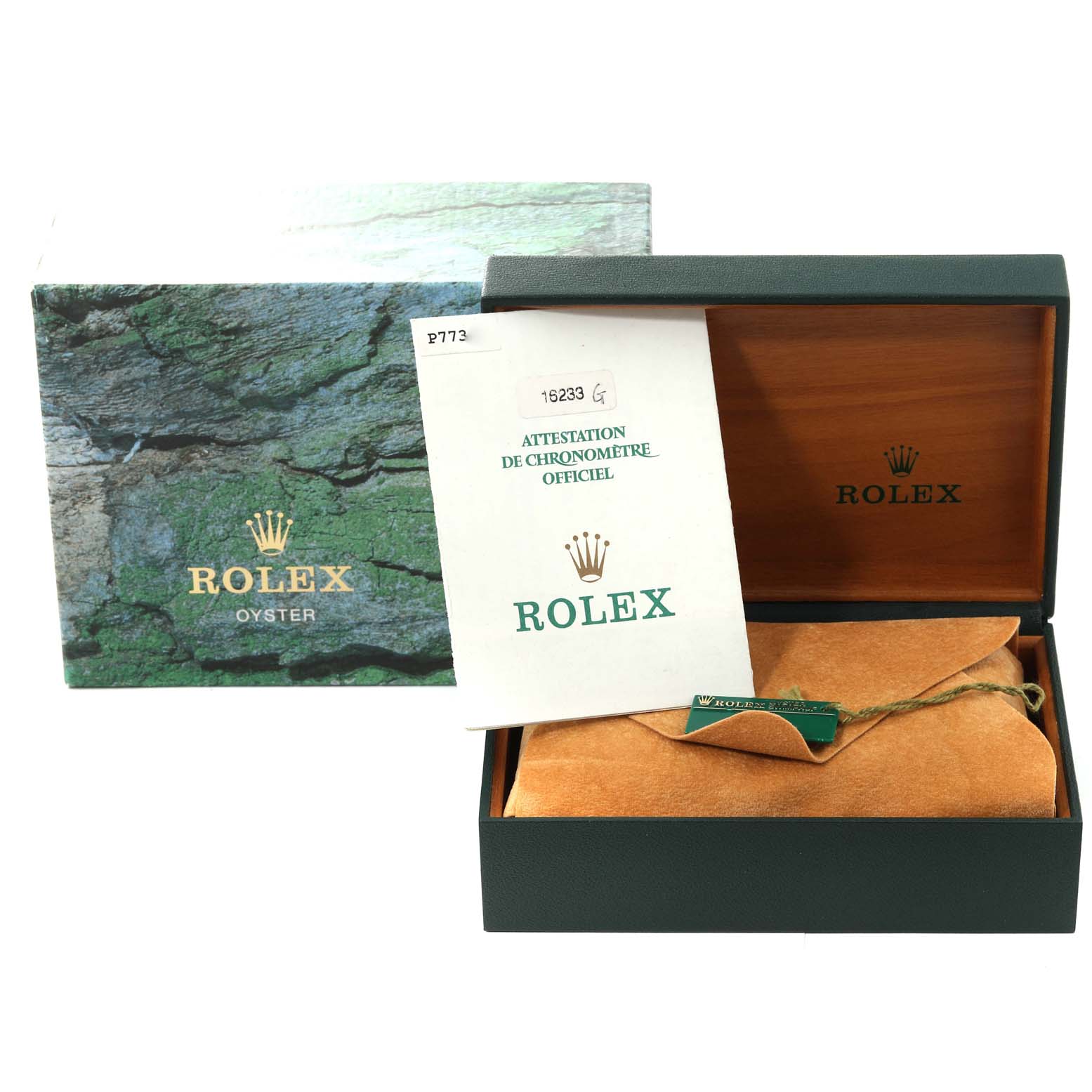 The image shows a Rolex Datejust 16233 Men's Steel and Gold (two tone) Champagne Dial 16233 Men's Steel and Gold (two tone) Champagne Dial box with its outer packaging, inner box, and accompanying official chronometer certification.