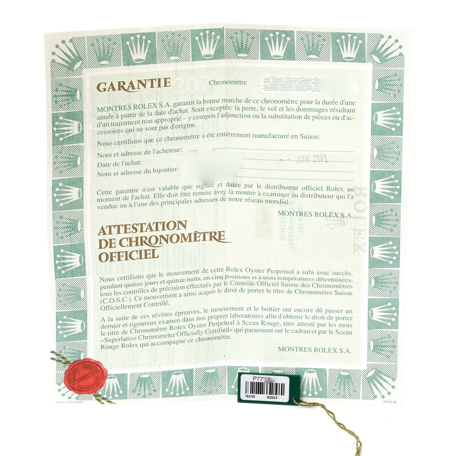 This image shows the warranty and authentication paper for a Rolex Datejust 16233 Men's Steel and Gold (two tone) Champagne Dial 16233 Men's Steel and Gold (two tone) Champagne Dial watch, including official stamps and serial numbers.