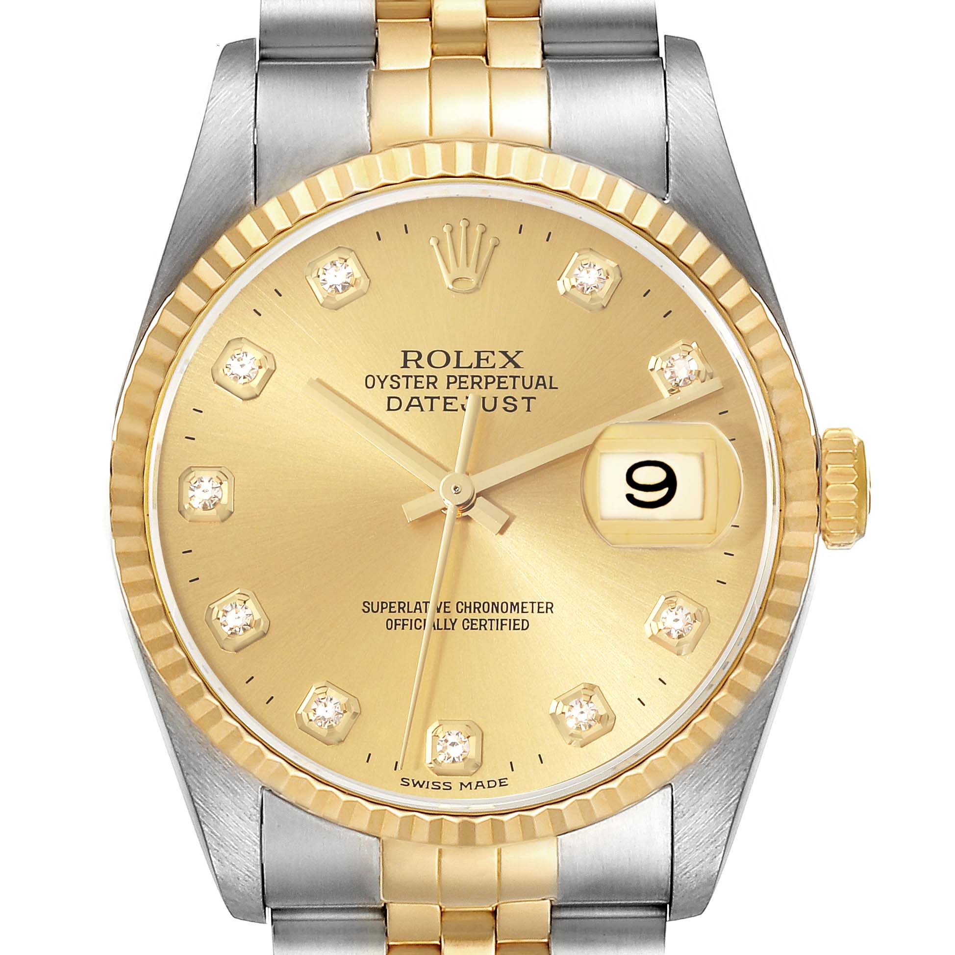 The image shows the front view of a Rolex Datejust 16233 Men's Steel and Gold (two tone) Champagne Dial 16233 Men's Steel and Gold (two tone) Champagne Dial watch, featuring a gold dial and two-tone bracelet.