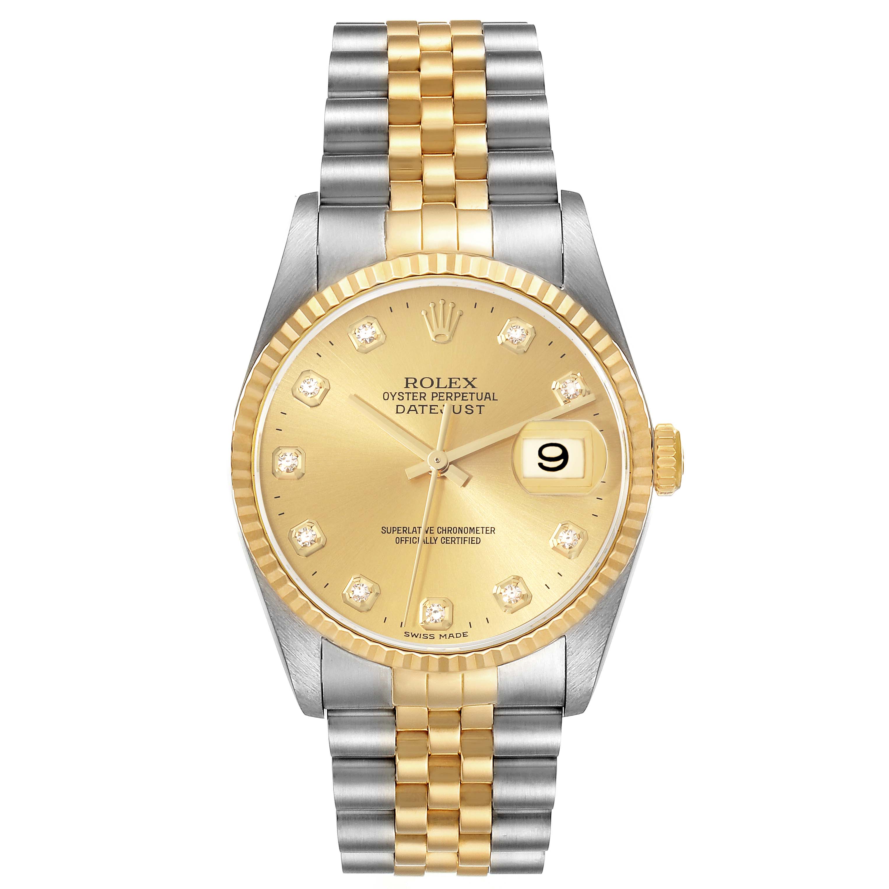 This image shows a front view of the Rolex Datejust 16233 Men's Steel and Gold (two tone) Champagne Dial 16233 Men's Steel and Gold (two tone) Champagne Dial watch, highlighting its gold dial, fluted bezel, and two-tone bracelet.