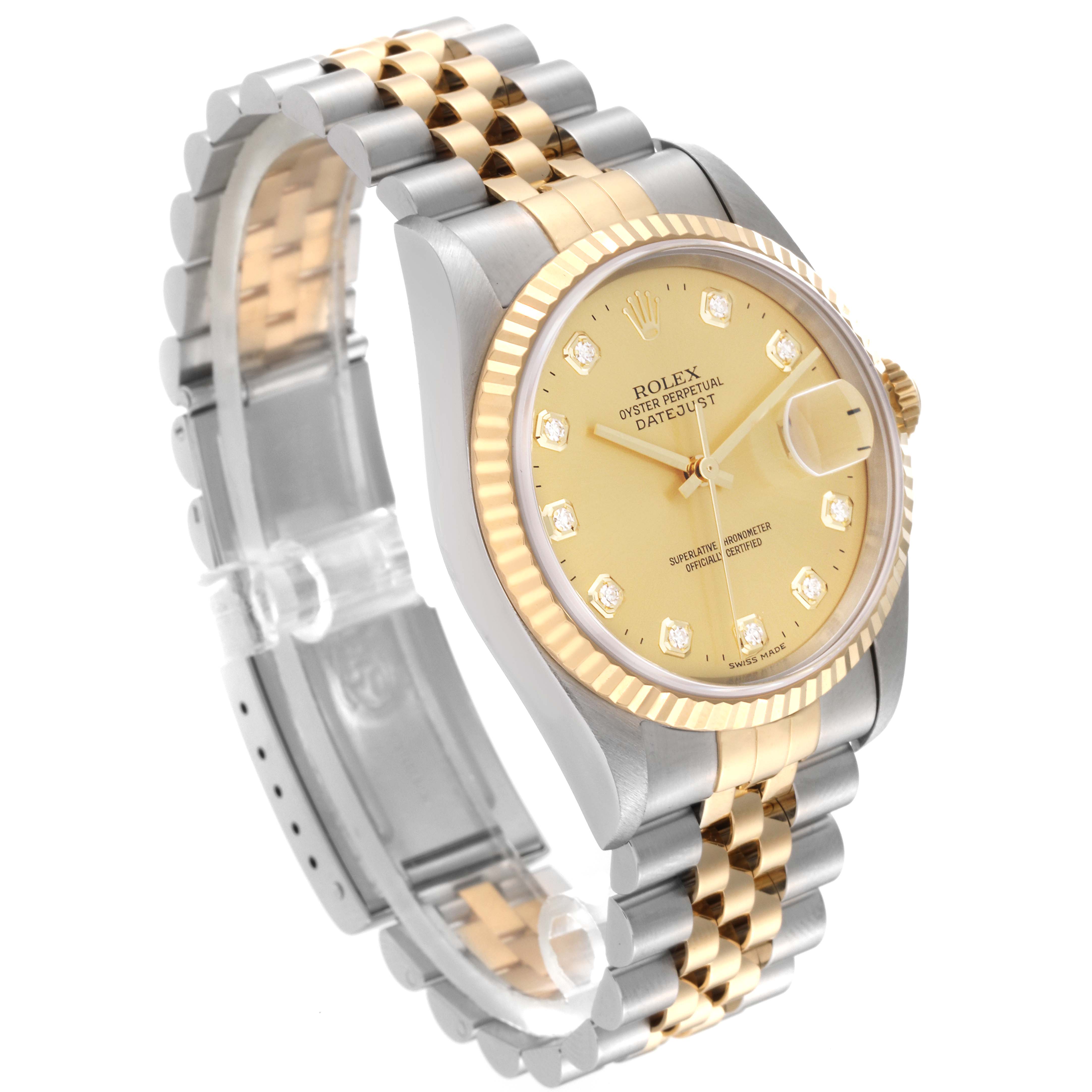 The Rolex Datejust 16233 Men's Steel and Gold (two tone) Champagne Dial 16233 Men's Steel and Gold (two tone) Champagne Dial watch is shown at a three-quarter angle, highlighting its two-tone bracelet, fluted bezel, and gold dial with diamond markers.