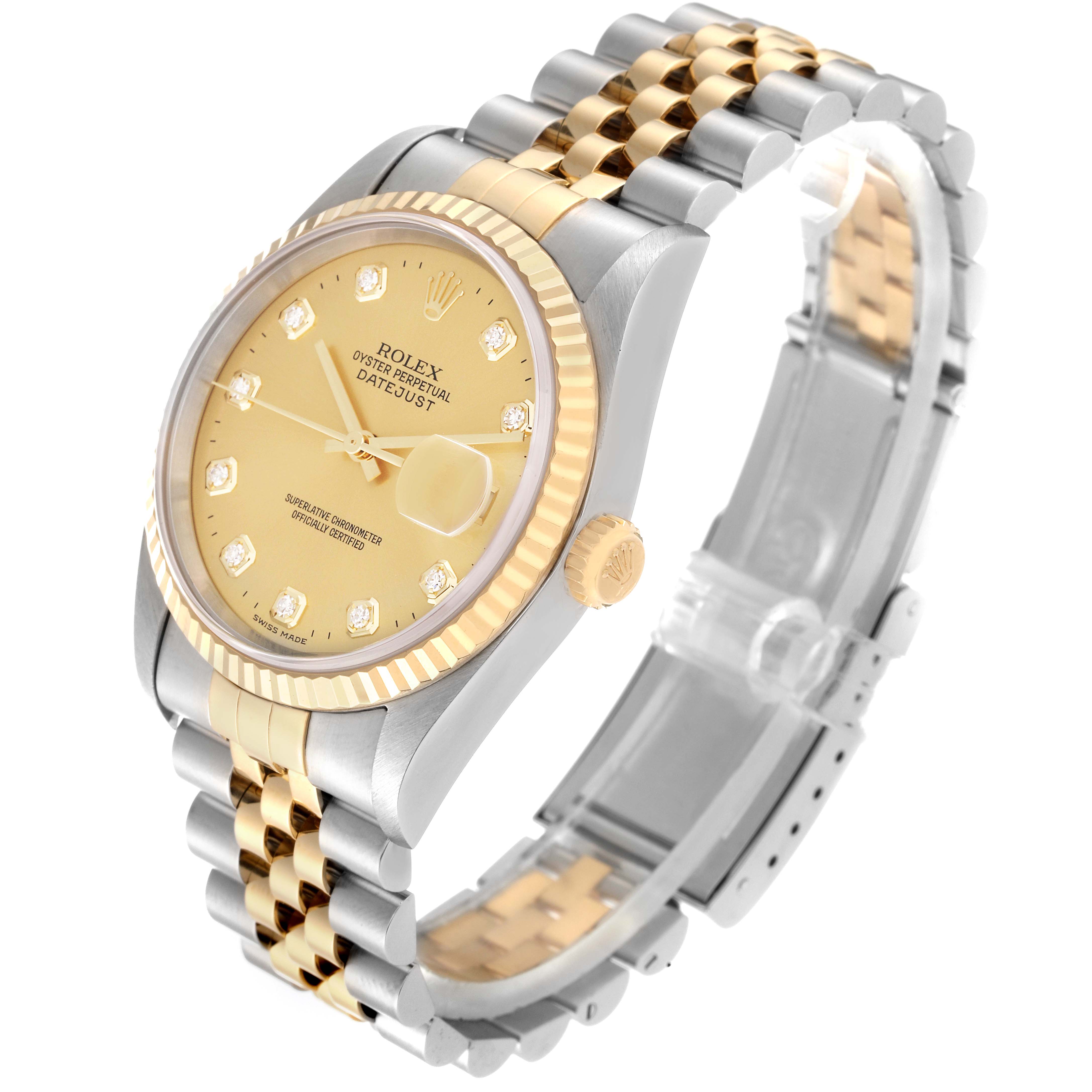 The image shows a Rolex Datejust 16233 Men's Steel and Gold (two tone) Champagne Dial 16233 Men's Steel and Gold (two tone) Champagne Dial watch at a slight angle, highlighting its face, bezel, crown, and two-tone bracelet.