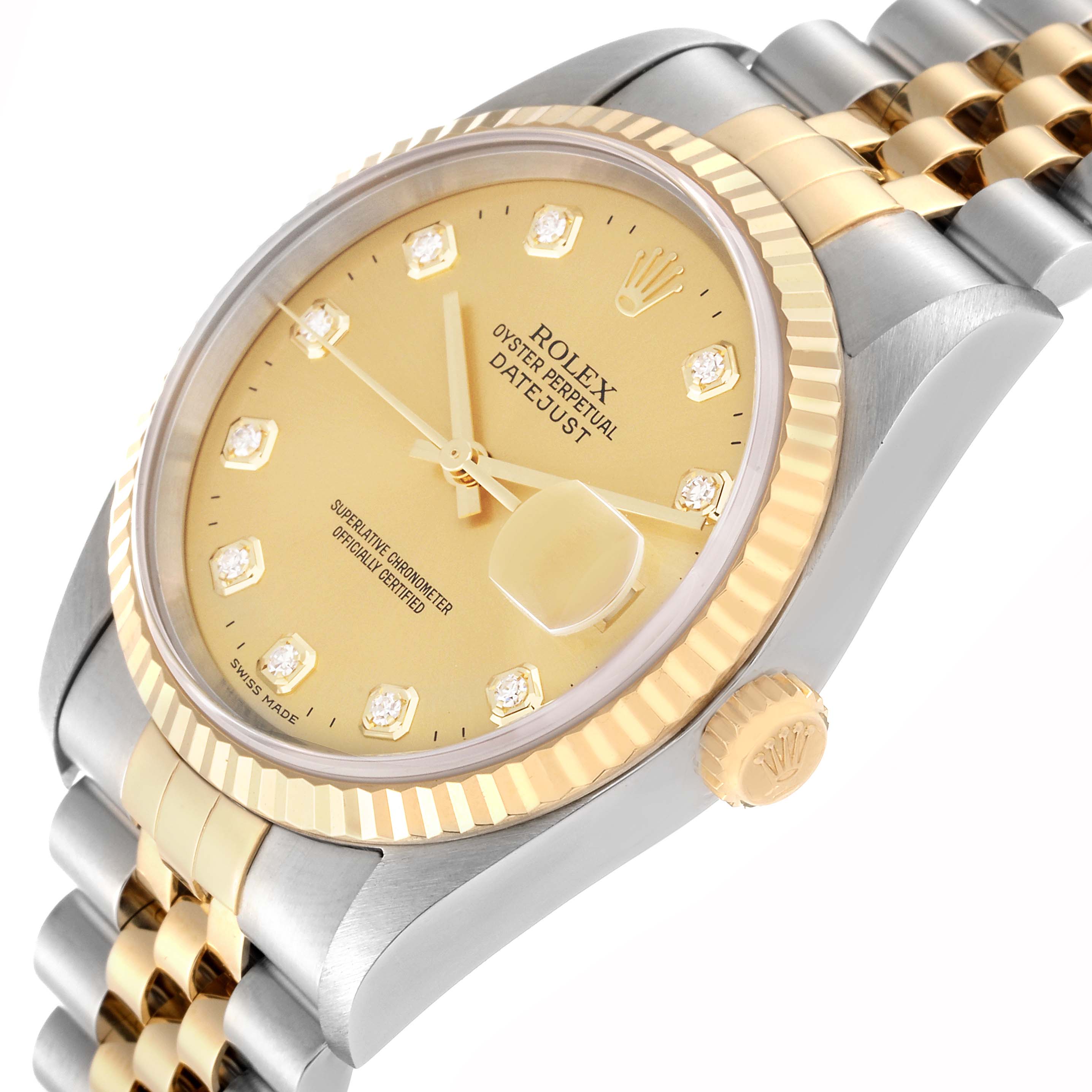 The image shows a close-up of the Rolex Datejust 16233 Men's Steel and Gold (two tone) Champagne Dial 16233 Men's Steel and Gold (two tone) Champagne Dial watch, featuring the dial, fluted bezel, crown, and part of the Jubilee bracelet.
