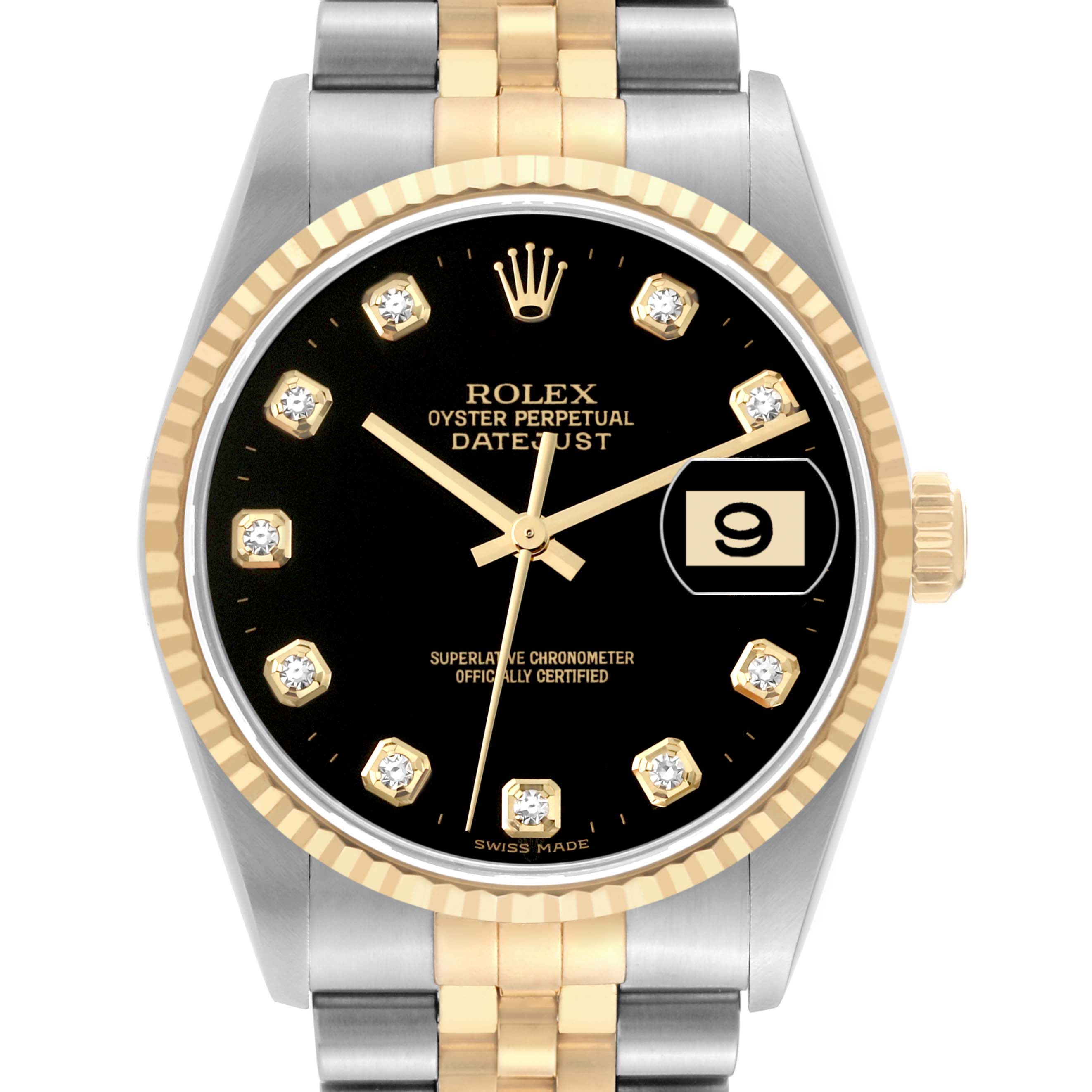 This image shows a close-up of the Rolex Datejust 16233 Men's Steel and Gold (two tone) Black Dial 16233 Men's Steel and Gold (two tone) Black Dial watch face, highlighting the dial, hands, date window, and part of the band.