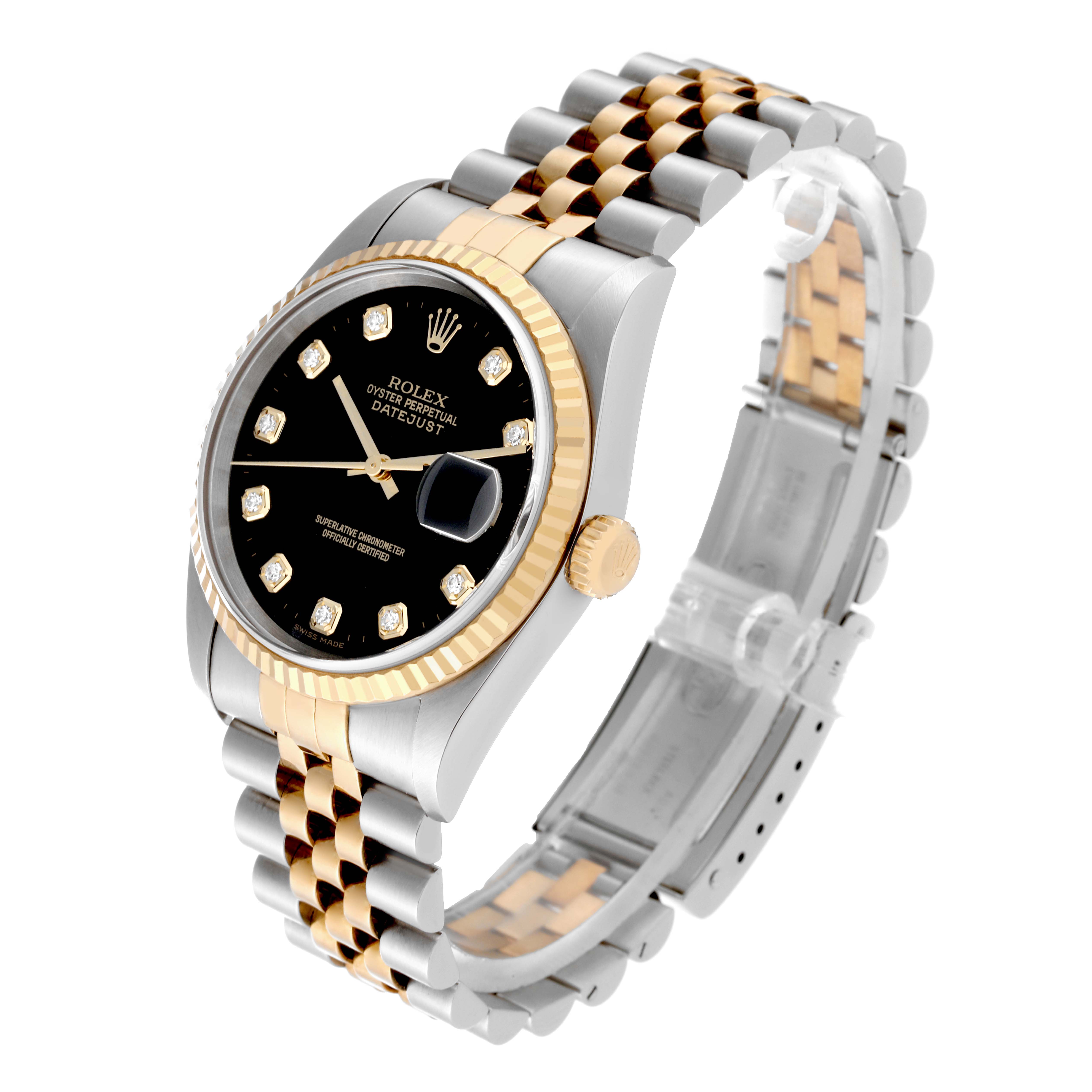 This Rolex Datejust 16233 Men's Steel and Gold (two tone) Black Dial 16233 Men's Steel and Gold (two tone) Black Dial model watch is shown at an oblique angle, displaying its black dial, fluted bezel, and jubilee bracelet.