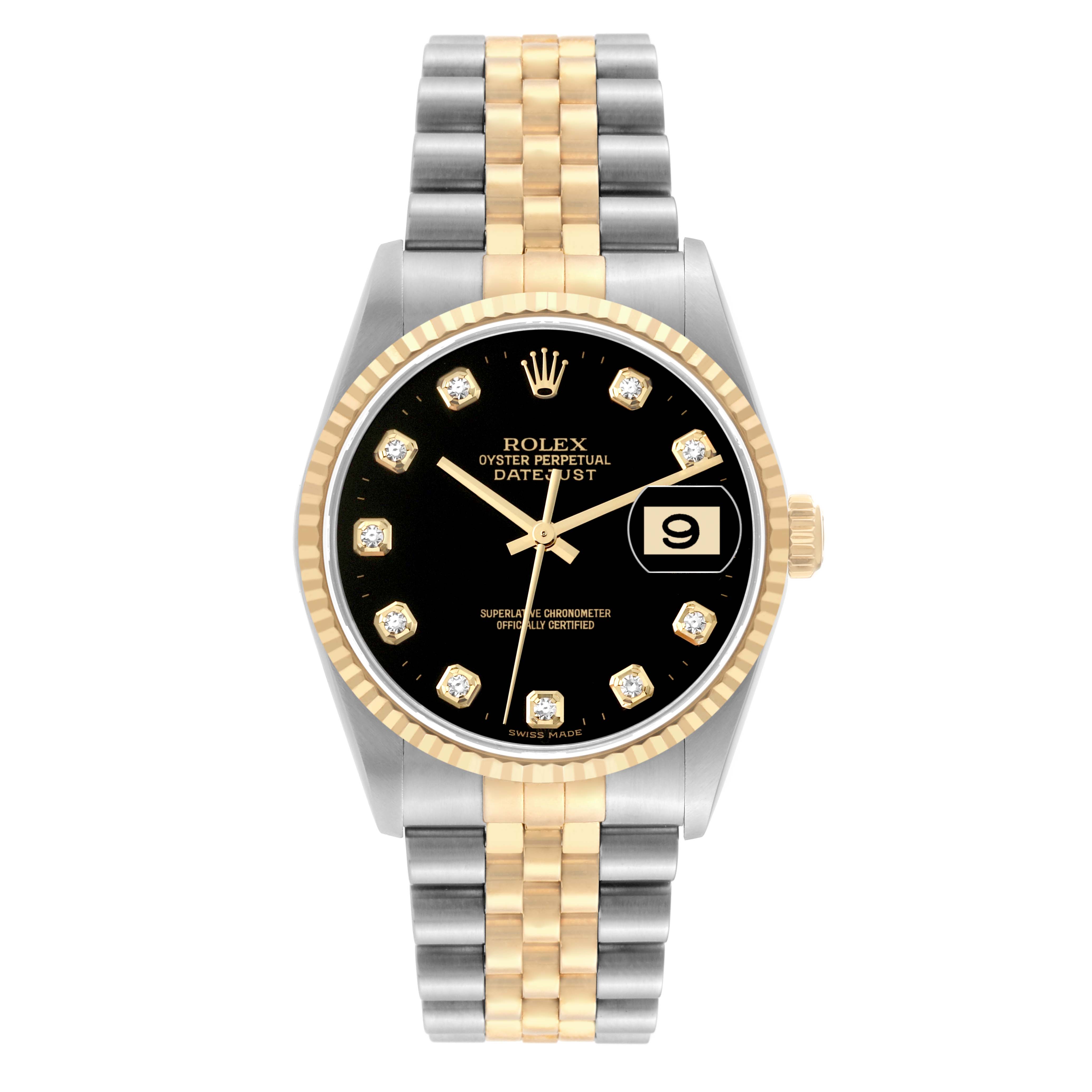 The image shows a front view of a Rolex Datejust 16233 Men's Steel and Gold (two tone) Black Dial 16233 Men's Steel and Gold (two tone) Black Dial watch, highlighting its bracelet, dial, and date window.