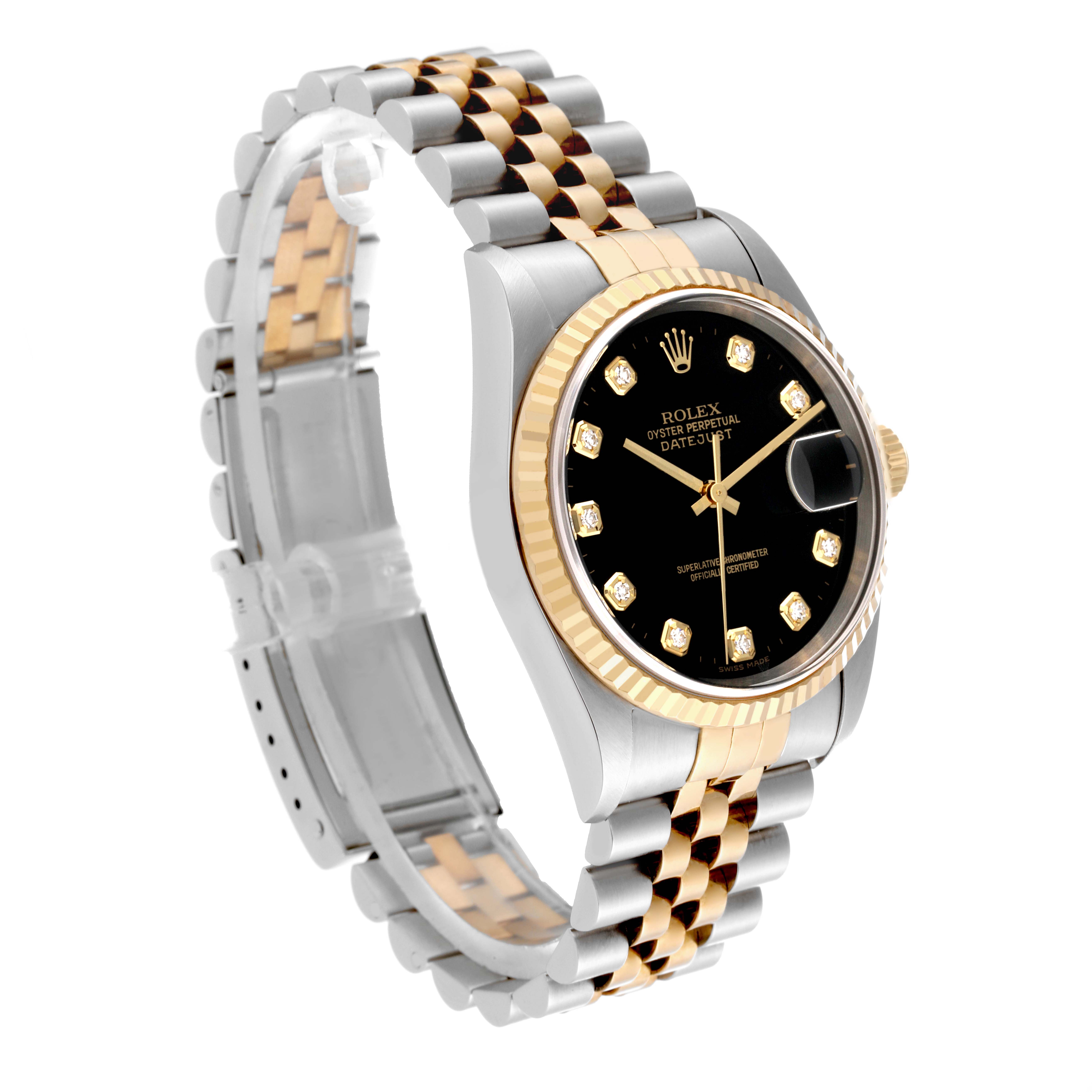 The image shows a Rolex Datejust 16233 Men's Steel and Gold (two tone) Black Dial 16233 Men's Steel and Gold (two tone) Black Dial watch at a three-quarter angle, highlighting its dial, bezel, and bracelet.