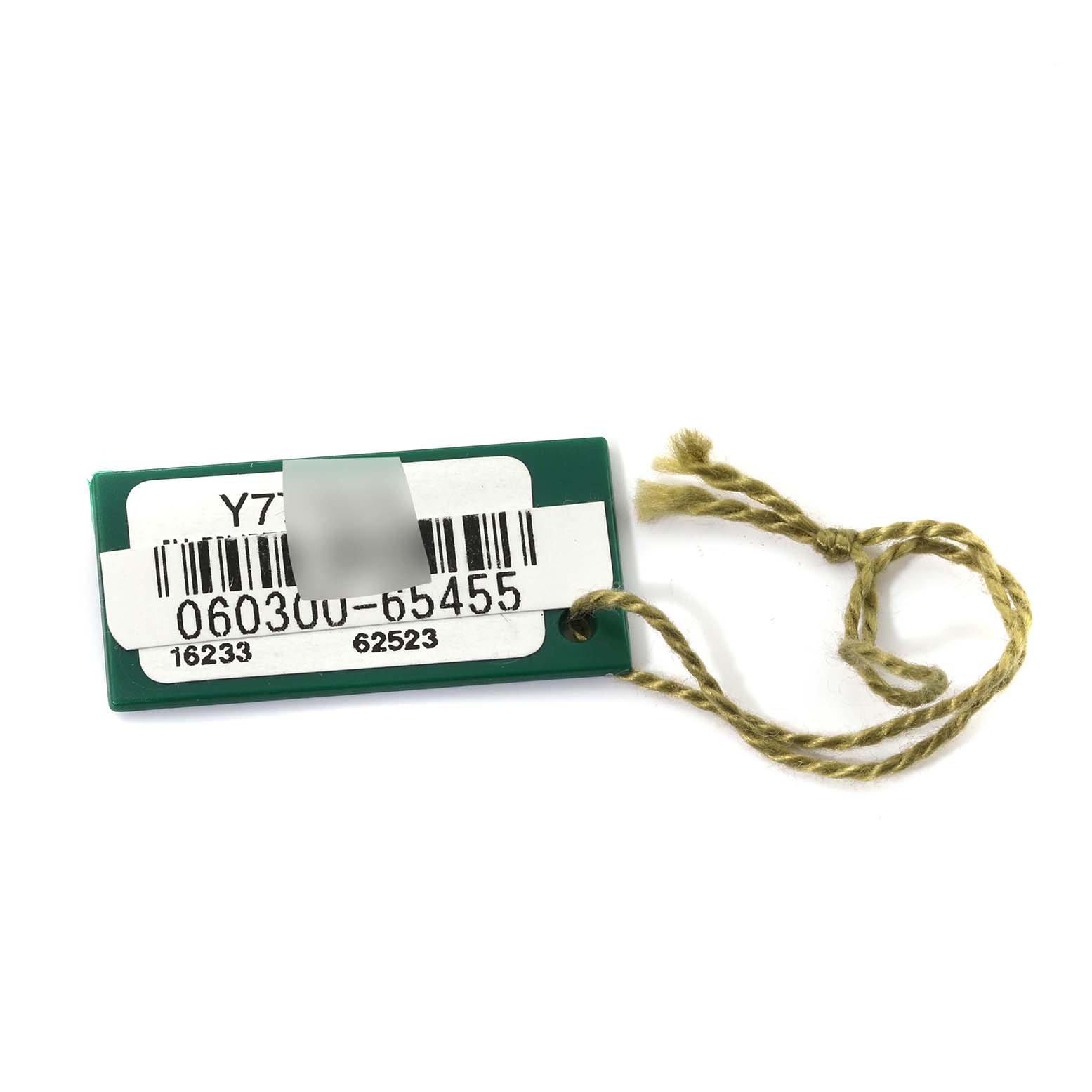 This image shows a green tag accessory for a Rolex Datejust 16233 Men's Steel and Gold (two tone) Black Dial 16233 Men's Steel and Gold (two tone) Black Dial model watch, with a barcode and a string attached.