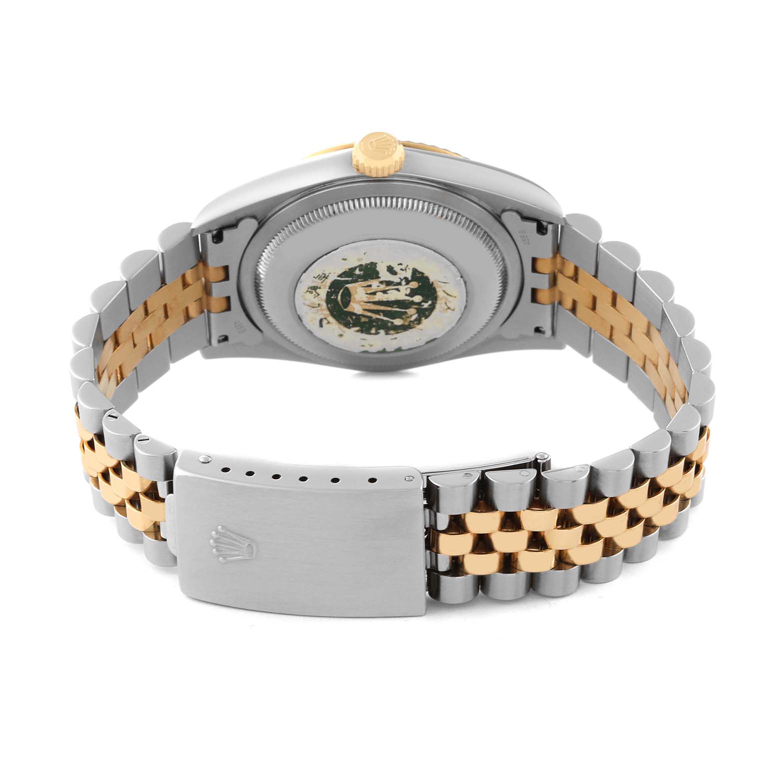 This image shows the back view of a Rolex Datejust 16233 Men's Steel and Gold (two tone) Black Dial 16233 Men's Steel and Gold (two tone) Black Dial watch, focusing on its clasp, case back, and two-tone bracelet.