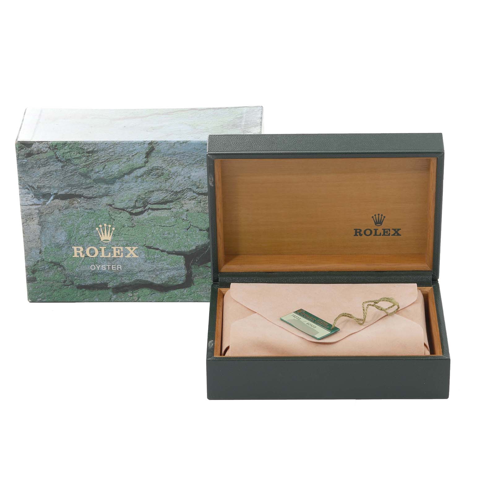 The image shows the packaging and inner box for a Rolex Datejust 16233 Men's Steel and Gold (two tone) Black Dial 16233 Men's Steel and Gold (two tone) Black Dial watch, with a tag and papers inside.