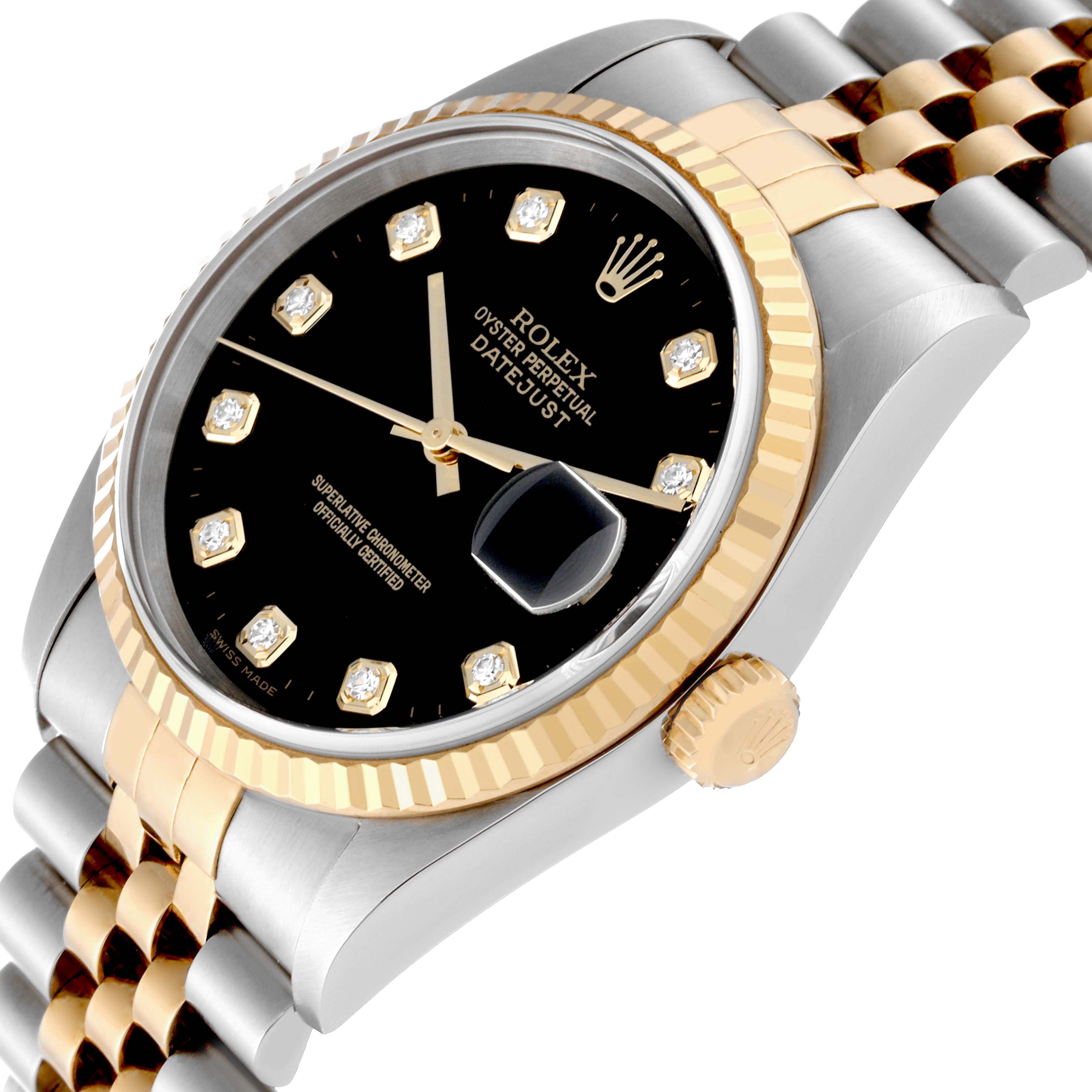 The image shows a Rolex Datejust 16233 Men's Steel and Gold (two tone) Black Dial 16233 Men's Steel and Gold (two tone) Black Dial watch at an angled close-up, highlighting the dial, bezel, and part of the bracelet.