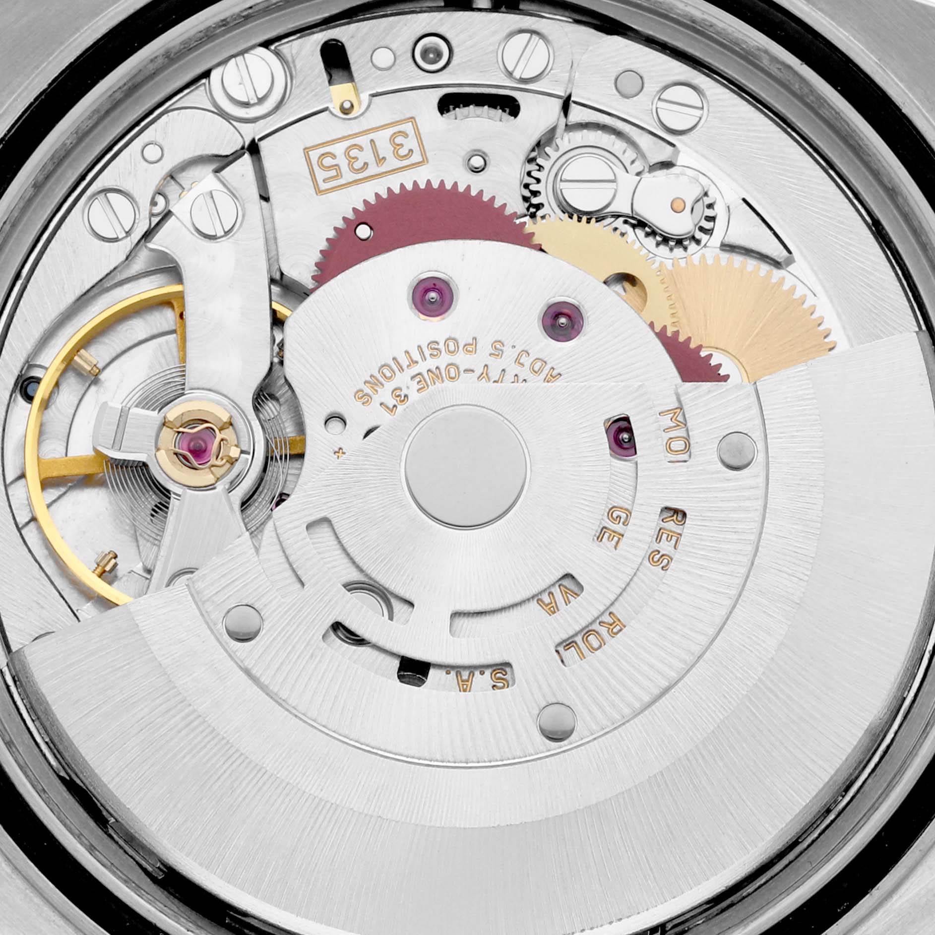 This image shows a close-up of the Rolex Datejust 16233 Men's Steel and Gold (two tone) Black Dial 16233 Men's Steel and Gold (two tone) Black Dial movement, highlighting the internal gears and mechanisms.