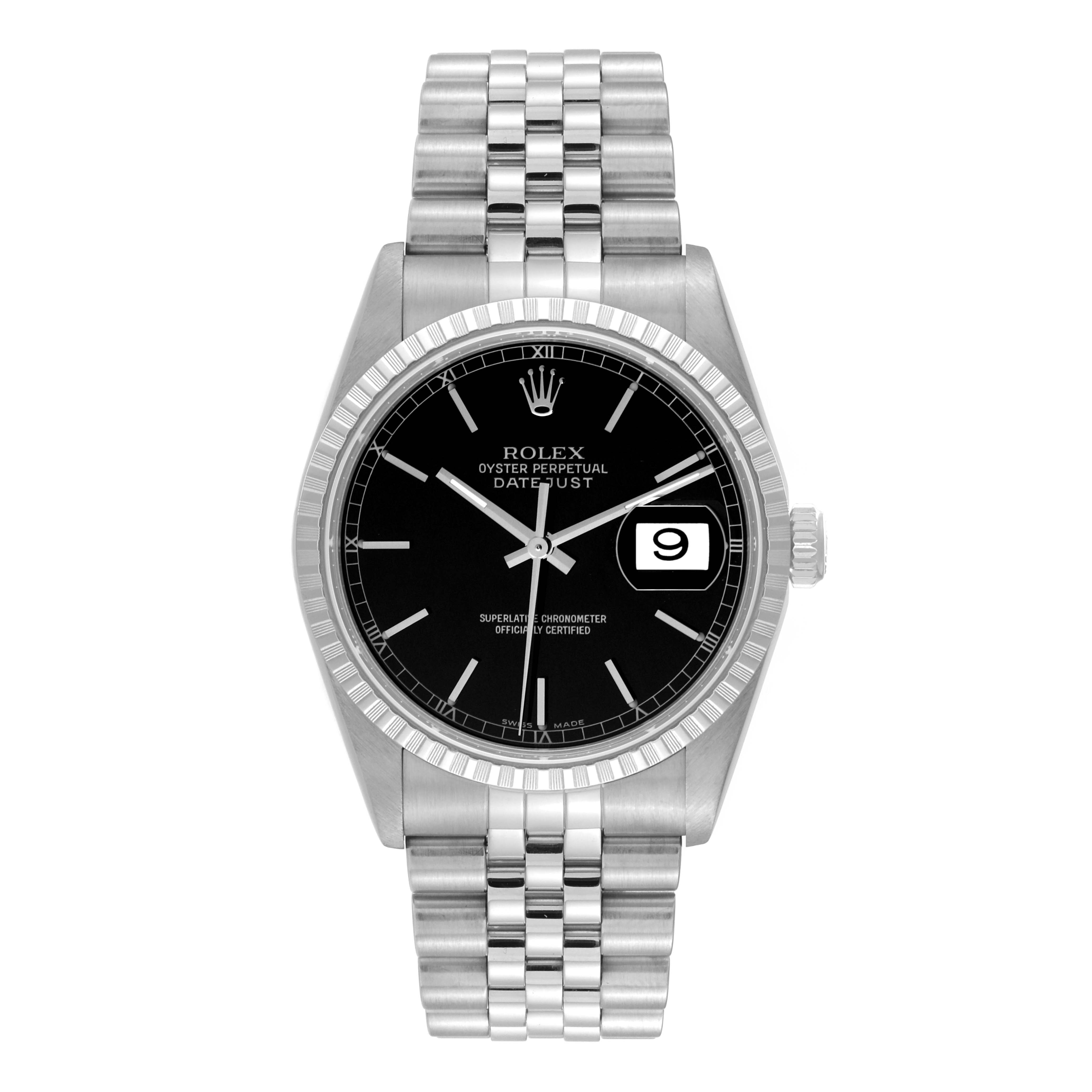 This image shows a front view of a Rolex Datejust 16220 Men's Stainless Steel Black Dial 16220 Men's Stainless Steel Black Dial watch, highlighting the dial, bracelet, and date window.