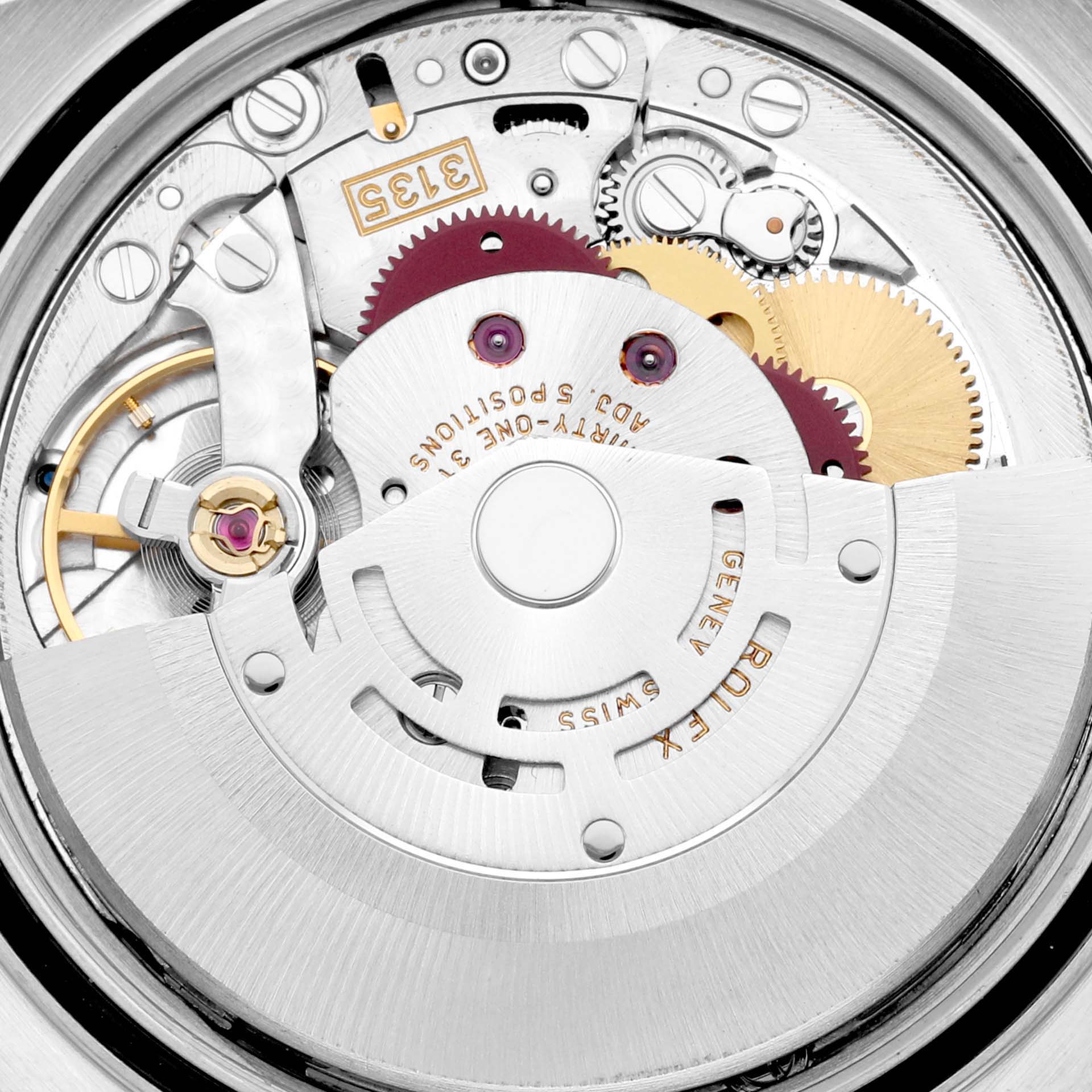 This close-up image shows the intricate movement and mechanism of a Rolex Datejust 16220 Men's Stainless Steel Black Dial 16220 Men's Stainless Steel Black Dial watch from an internal angle.