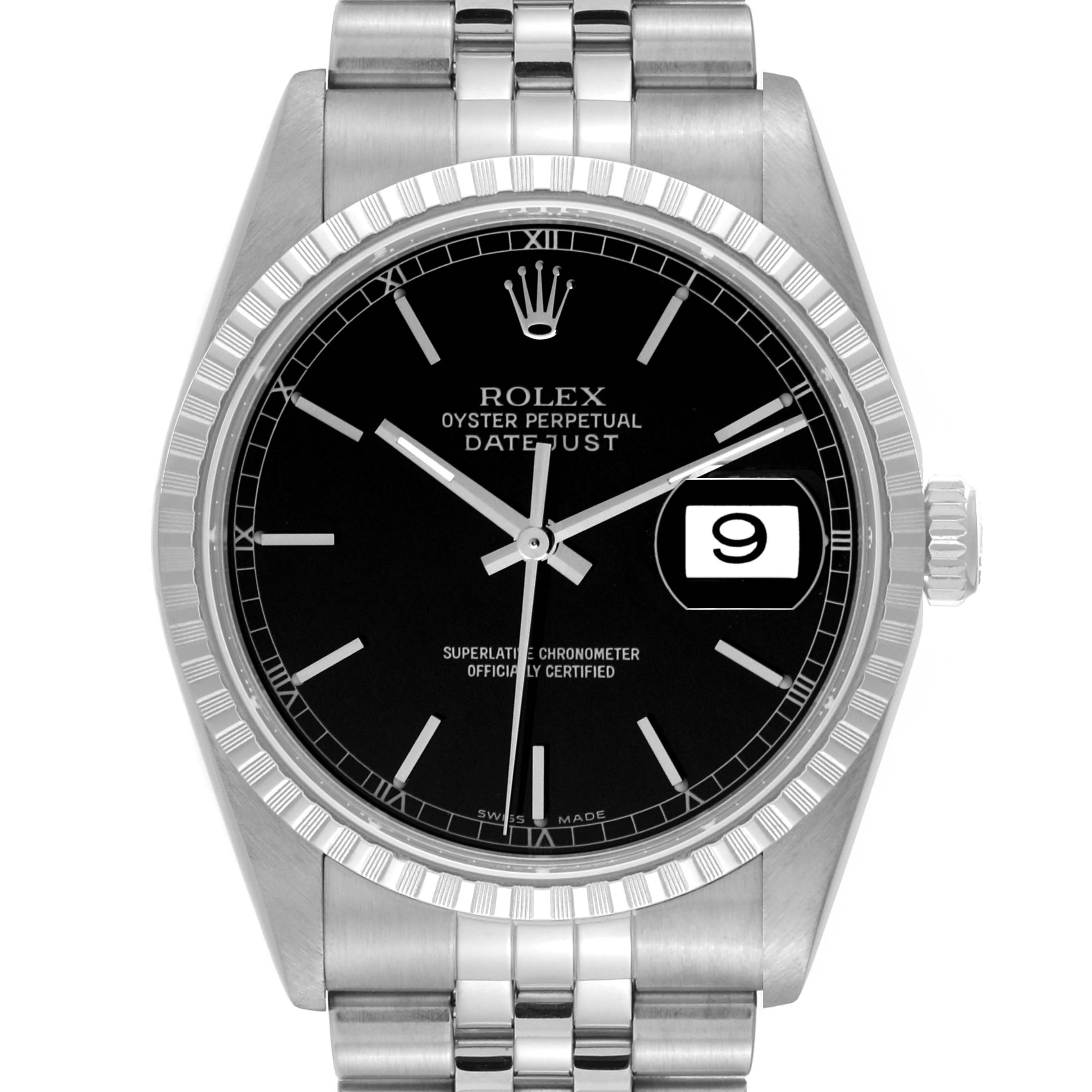 The image shows a front view of a Rolex Datejust 16220 Men's Stainless Steel Black Dial 16220 Men's Stainless Steel Black Dial watch, displaying the face, bezel, and part of the bracelet.