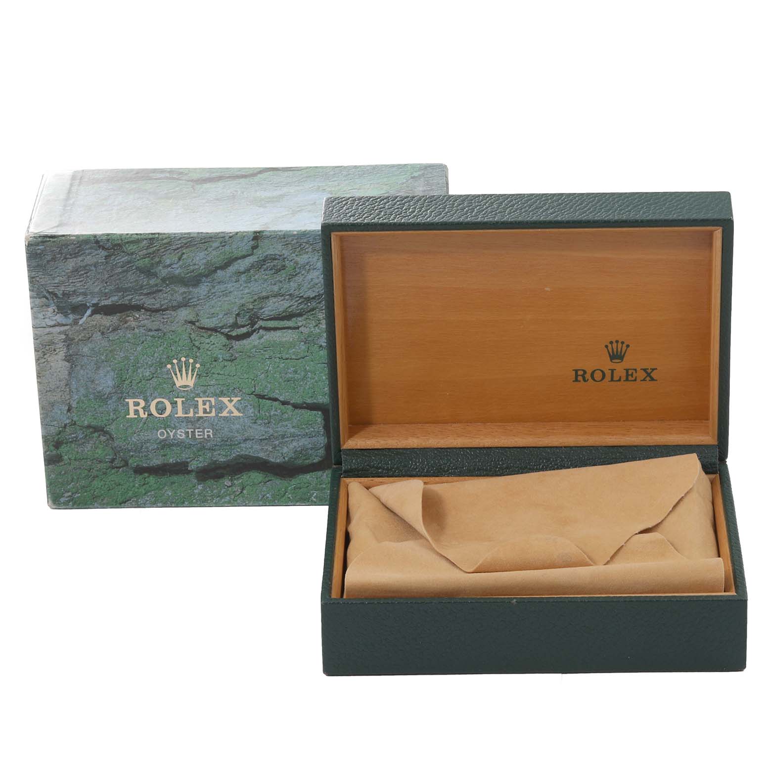 The image shows the open box and outer packaging for a Rolex Datejust 16220 Men's Stainless Steel Black Dial 16220 Men's Stainless Steel Black Dial model watch.