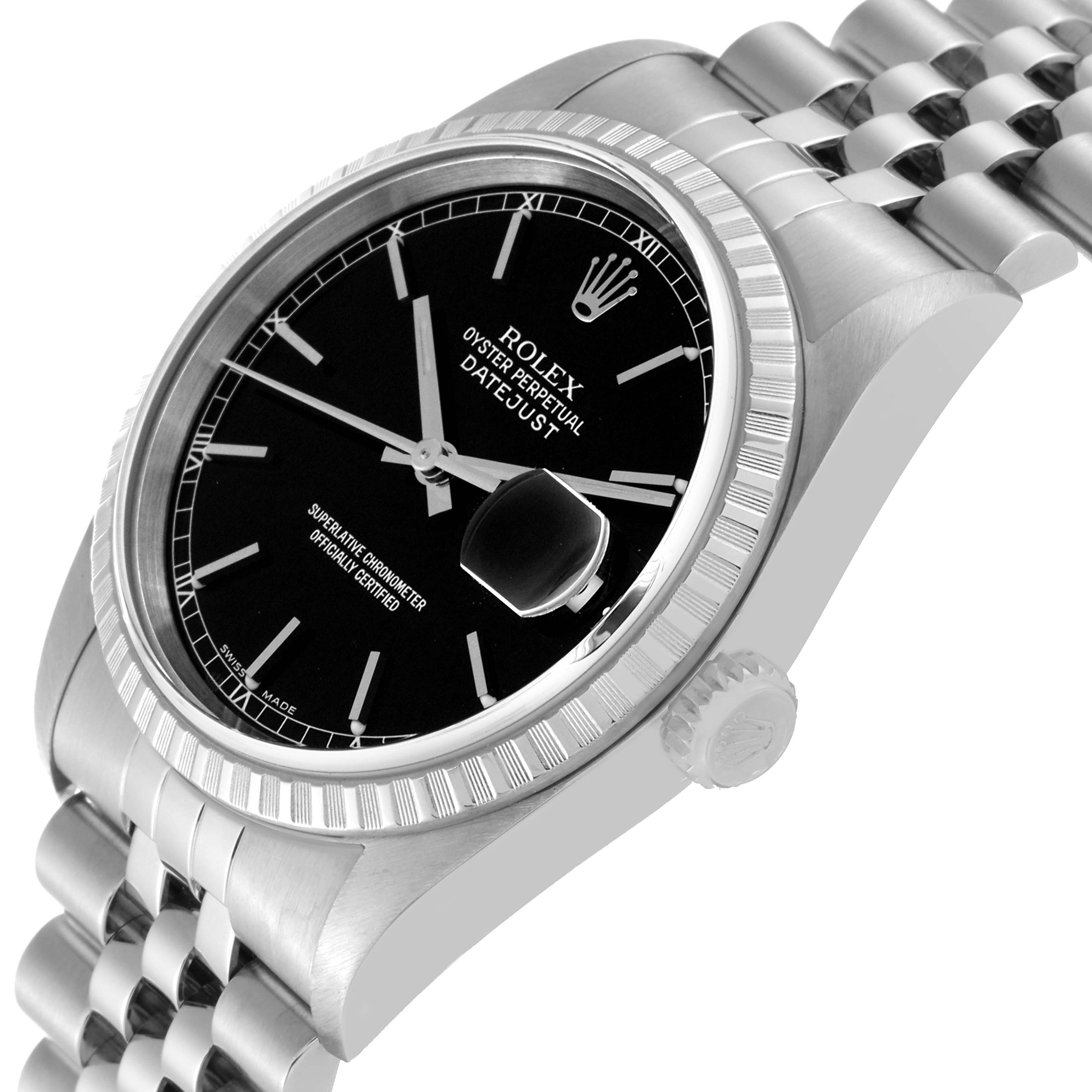 The Rolex Datejust 16220 Men's Stainless Steel Black Dial 16220 Men's Stainless Steel Black Dial watch is shown at an angled close-up, displaying its black dial, fluted bezel, and Jubilee bracelet.