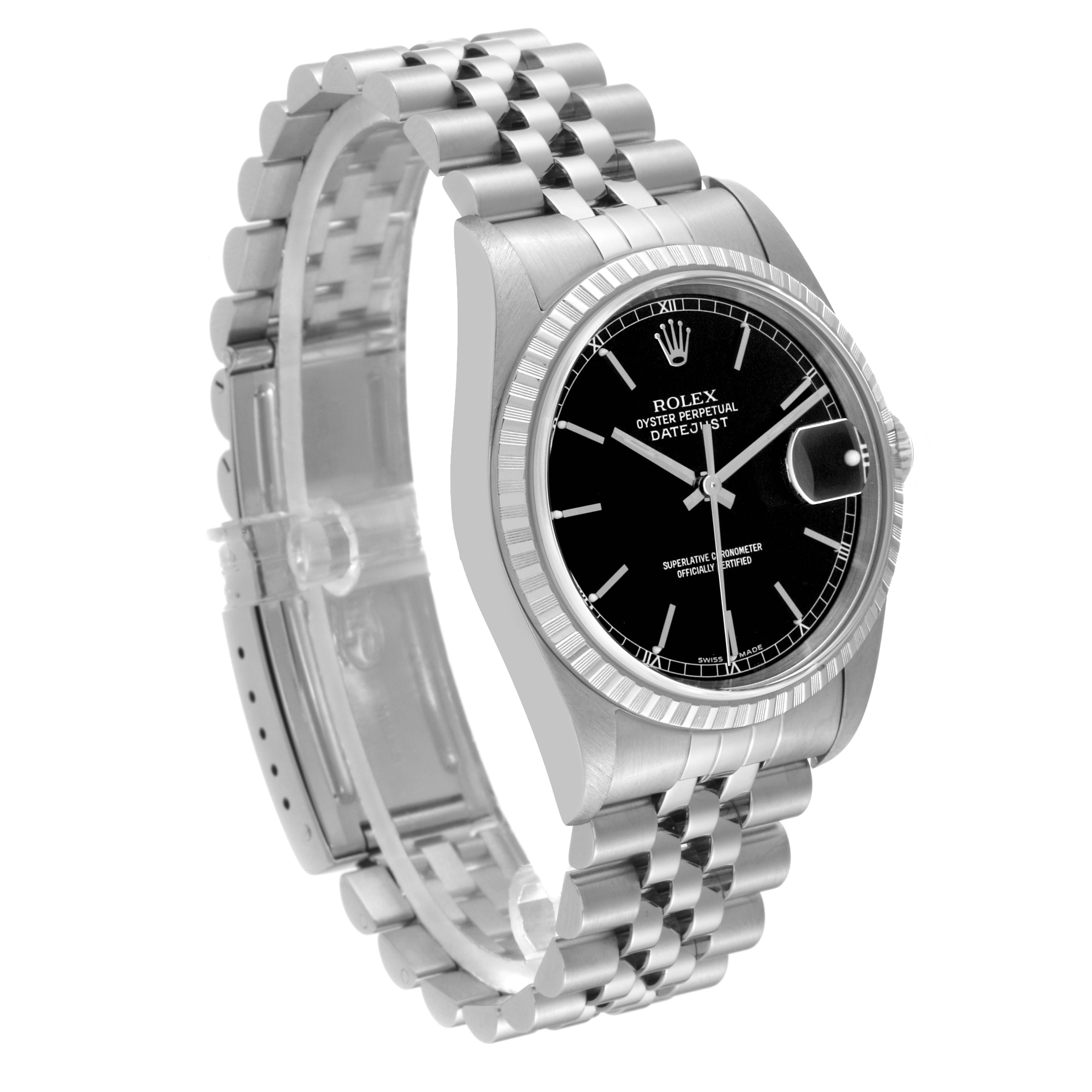 This image shows a side angle of the Rolex Datejust 16220 Men's Stainless Steel Black Dial 16220 Men's Stainless Steel Black Dial watch, highlighting its bracelet, bezel, and black dial.