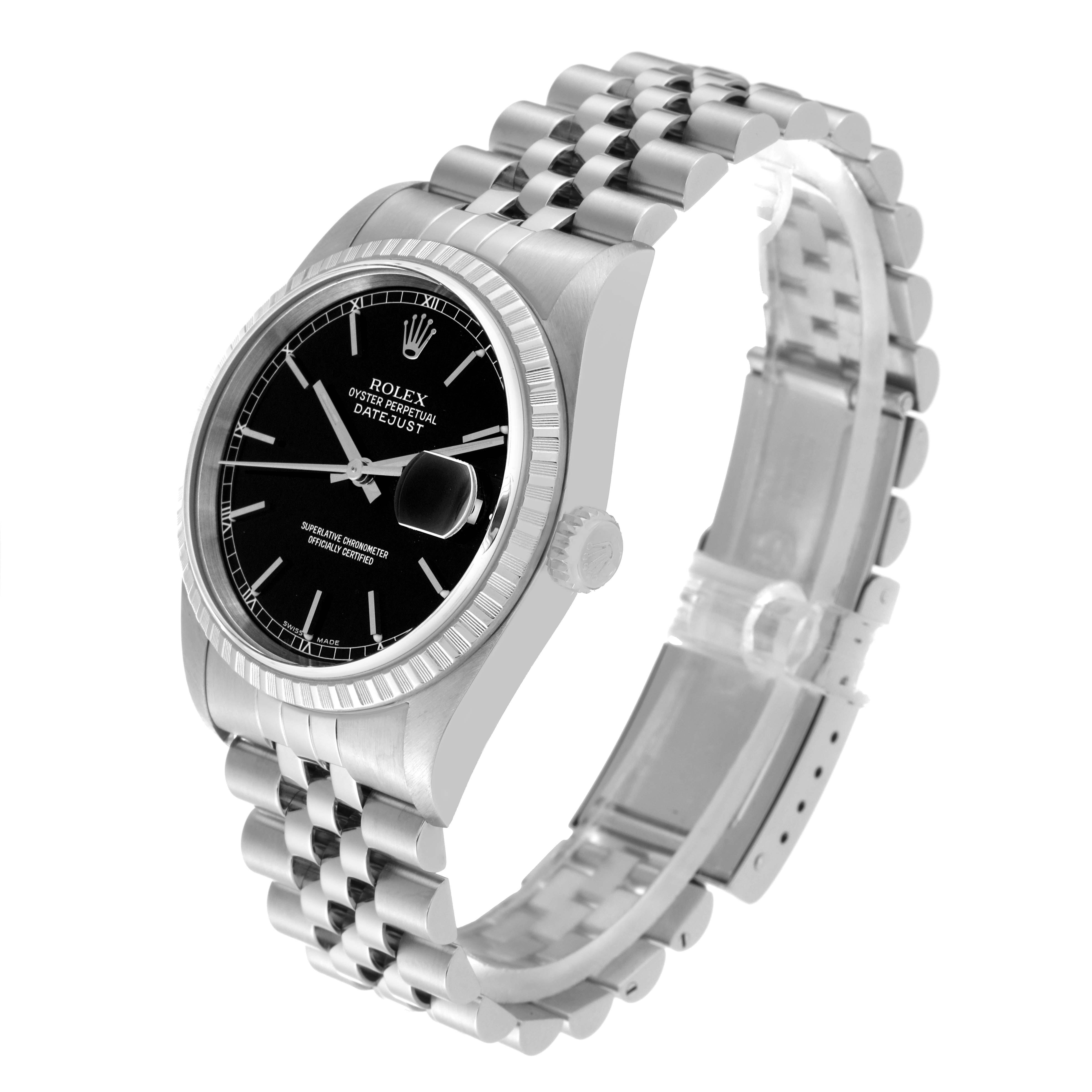 This Rolex Datejust 16220 Men's Stainless Steel Black Dial 16220 Men's Stainless Steel Black Dial model watch is shown at a three-quarter angle, displaying its face, bezel, and bracelet.