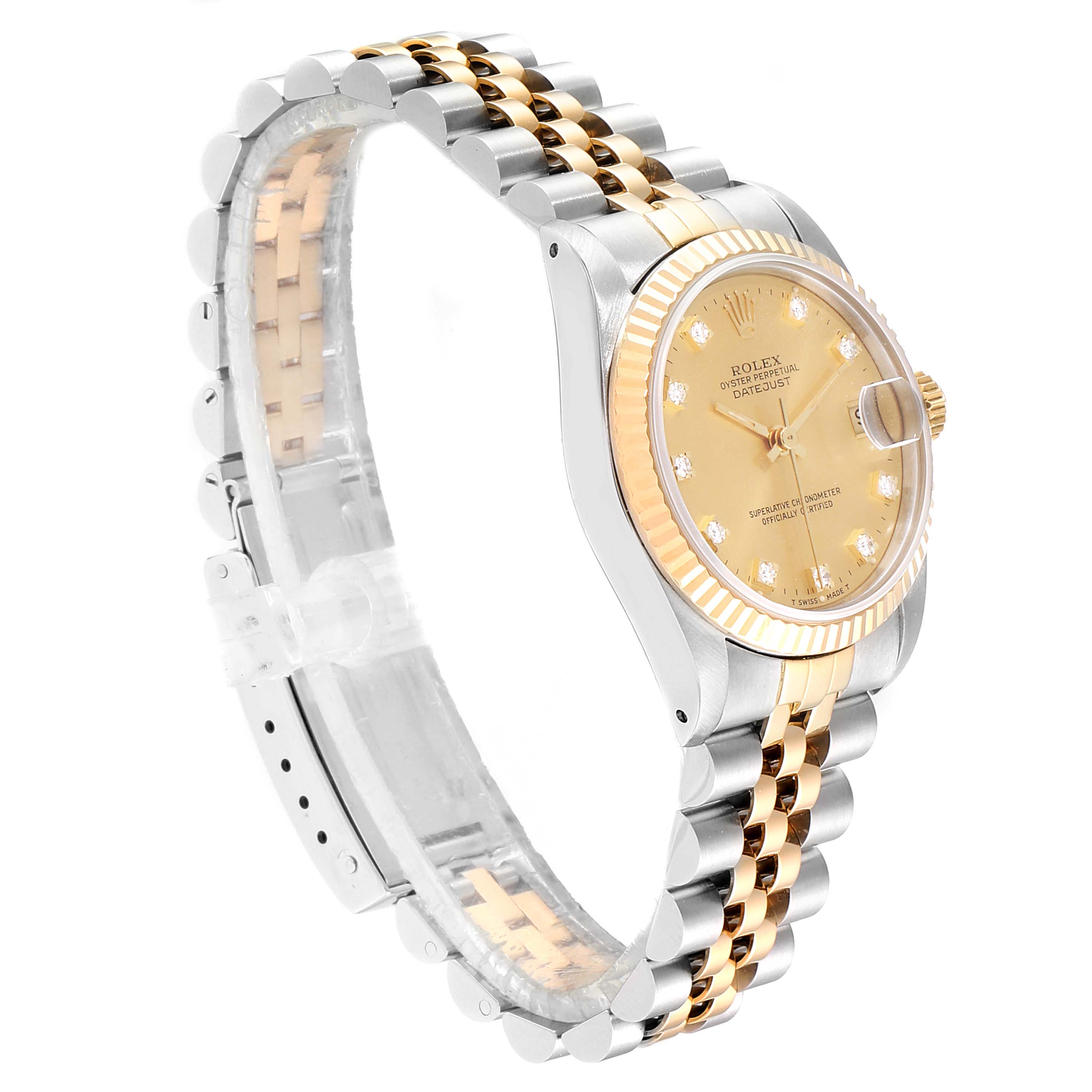 The image shows a side angle of the Rolex Mid-Size 68273 Women
s Steel and Gold (two tone) Champagne Dial 68273 Women
s Steel and Gold (two tone) Champagne Dial Datejust watch, highlighting its two-tone bracelet and champagne dial.