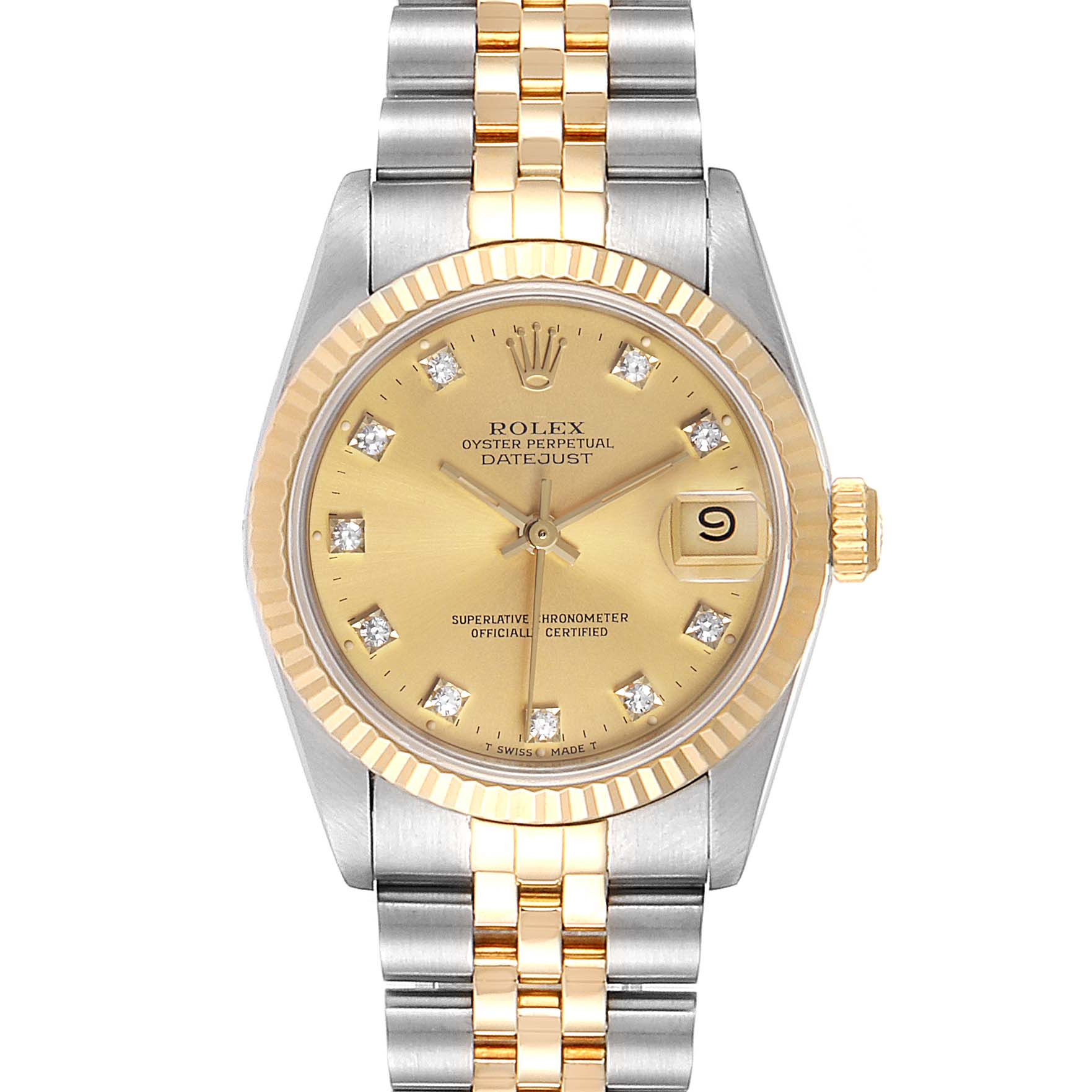 This is a front view of a Rolex Mid-Size 68273 Women
s Steel and Gold (two tone) Champagne Dial 68273 Women
s Steel and Gold (two tone) Champagne Dial Oyster Perpetual Datejust watch showing its dial, bezel, and two-tone bracelet.