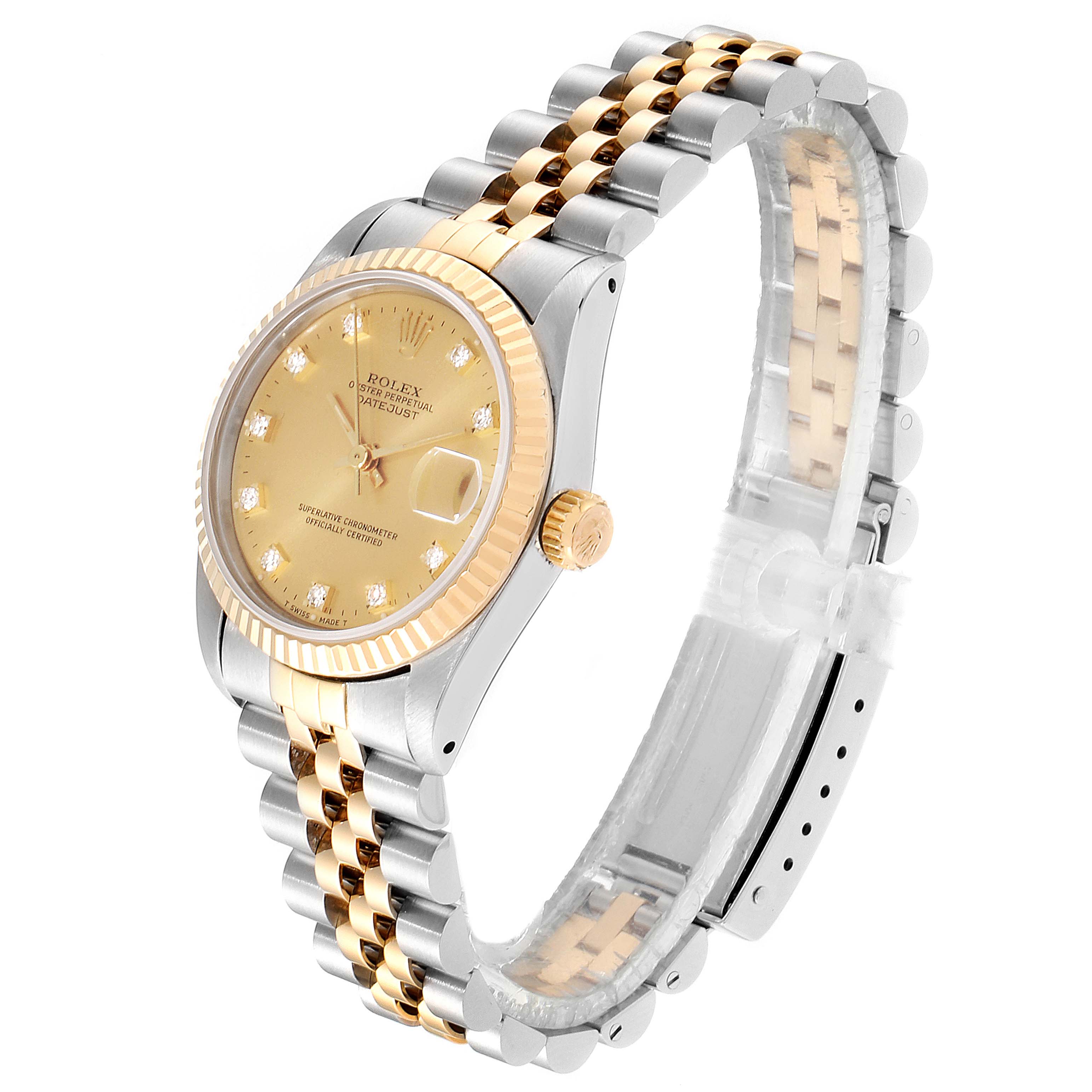 This image shows a side angle of a Mid-Size Rolex watch, highlighting the two-tone jubilee bracelet, gold fluted bezel, and diamond hour markers.