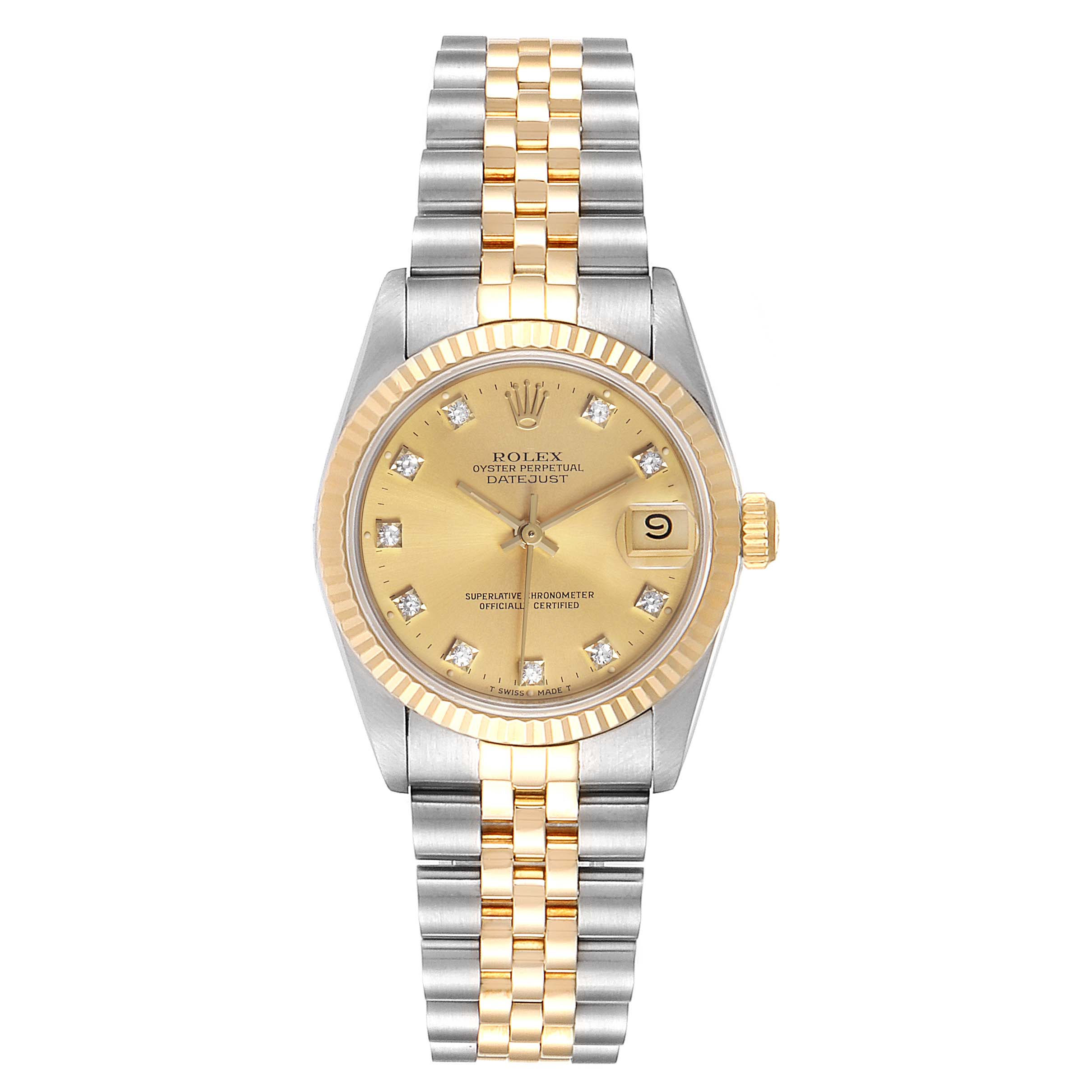 The image shows a front view of a Rolex Mid-Size 68273 Women
s Steel and Gold (two tone) Champagne Dial 68273 Women
s Steel and Gold (two tone) Champagne Dial Datejust watch, highlighting the dial, bezel, and bracelet.