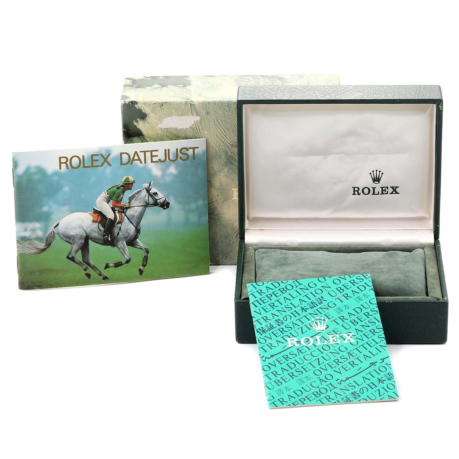The image shows the Rolex Datejust Mid-Size watch box, booklet, and paperwork at a frontal angle.