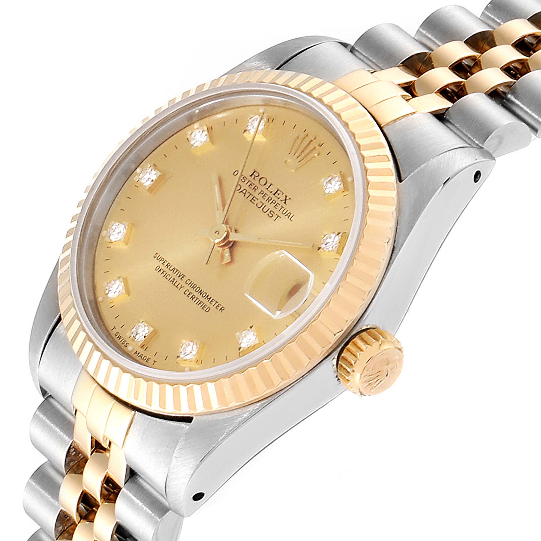 This Rolex Datejust Mid-Size watch is shown from a three-quarter angle, highlighting the dial, crown, bezel, and part of the bracelet.