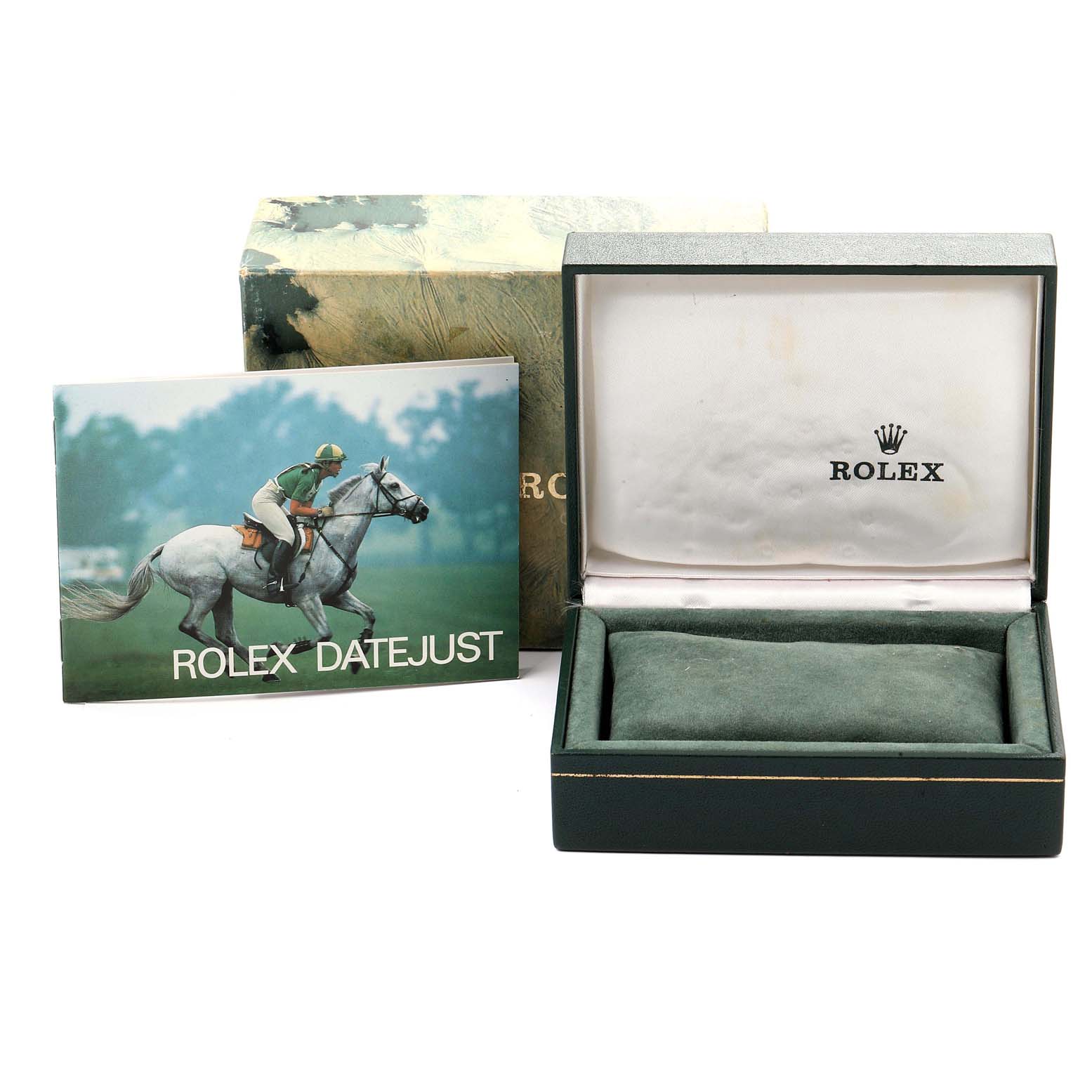 The image shows the box and booklet for a Rolex Mid-Size 68243 Women
s Steel and Gold (two tone) Beige Dial 68243 Women
s Steel and Gold (two tone) Beige Dial Datejust watch.
