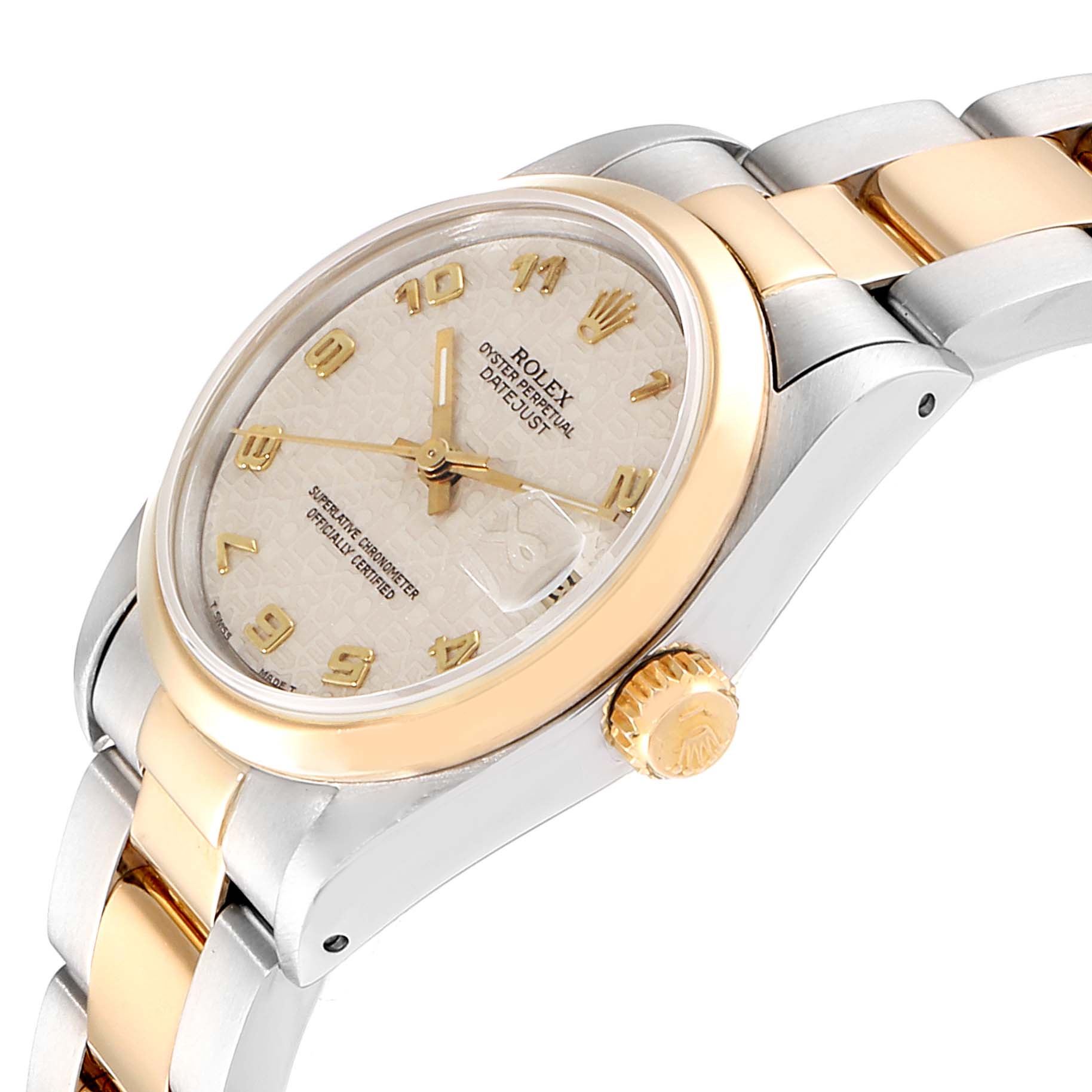 The image shows a side angle of a Rolex Mid-Size 68243 Women
s Steel and Gold (two tone) Beige Dial 68243 Women
s Steel and Gold (two tone) Beige Dial Datejust, displaying the dial, crown, and part of the bracelet.