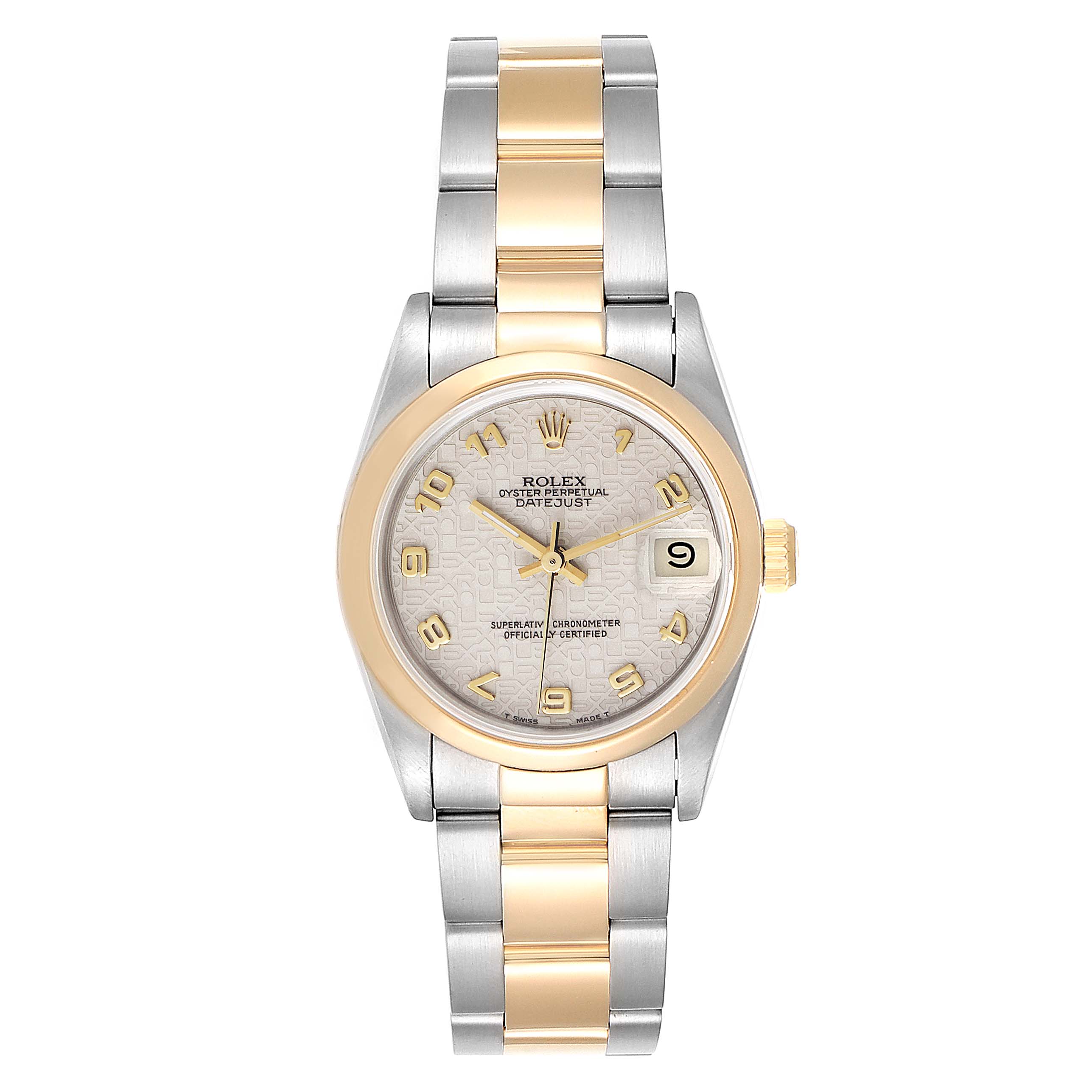 The image shows a front view of a Rolex Oyster Perpetual Datejust Mid-Size watch, emphasizing the dial, bezel, and bracelet.