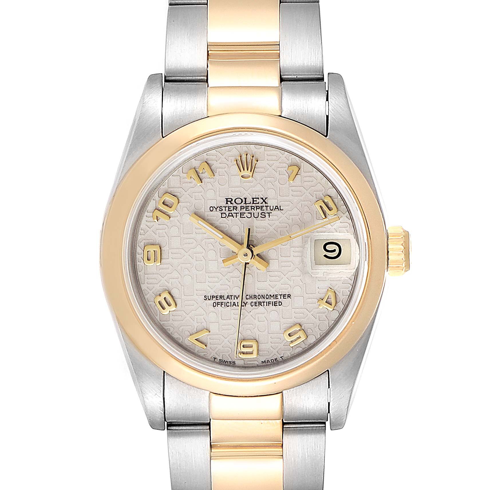 This image shows a front view of a Rolex Datejust Mid-Size model, highlighting its dial, bezel, and bracelet.