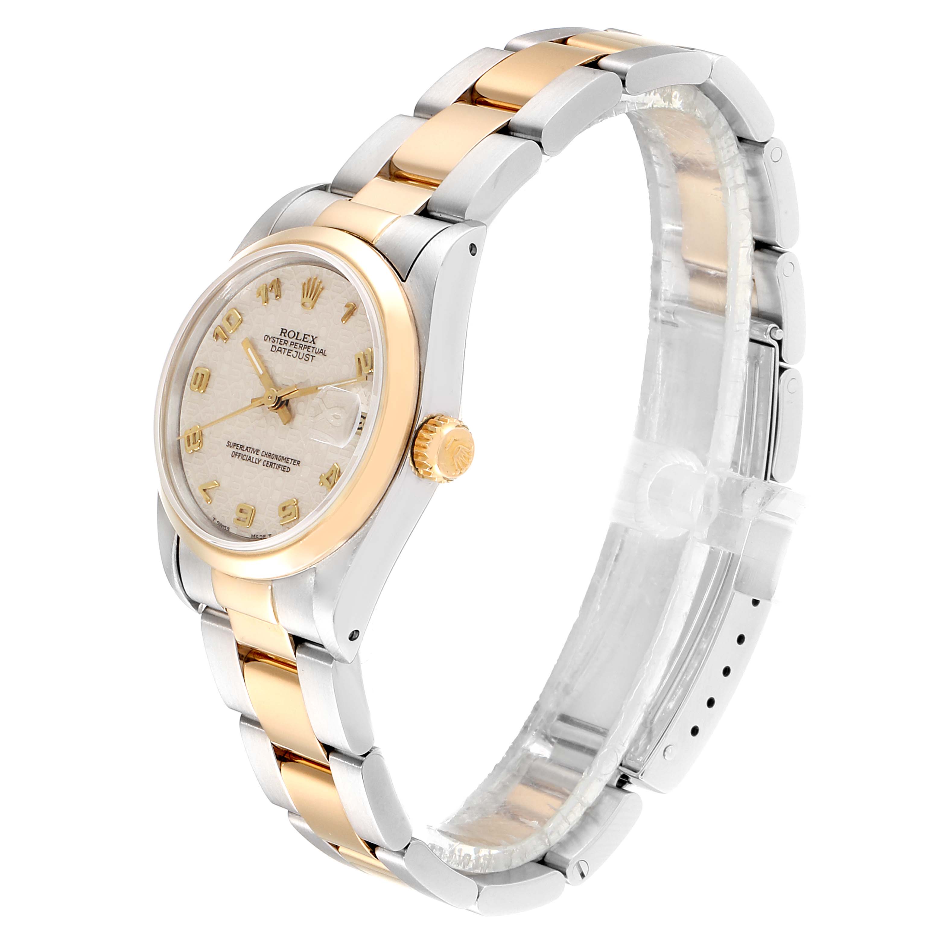 The Rolex Mid-Size 68243 Women
s Steel and Gold (two tone) Beige Dial 68243 Women
s Steel and Gold (two tone) Beige Dial watch is shown from a side angle, highlighting its dial, bezel, and two-tone bracelet.