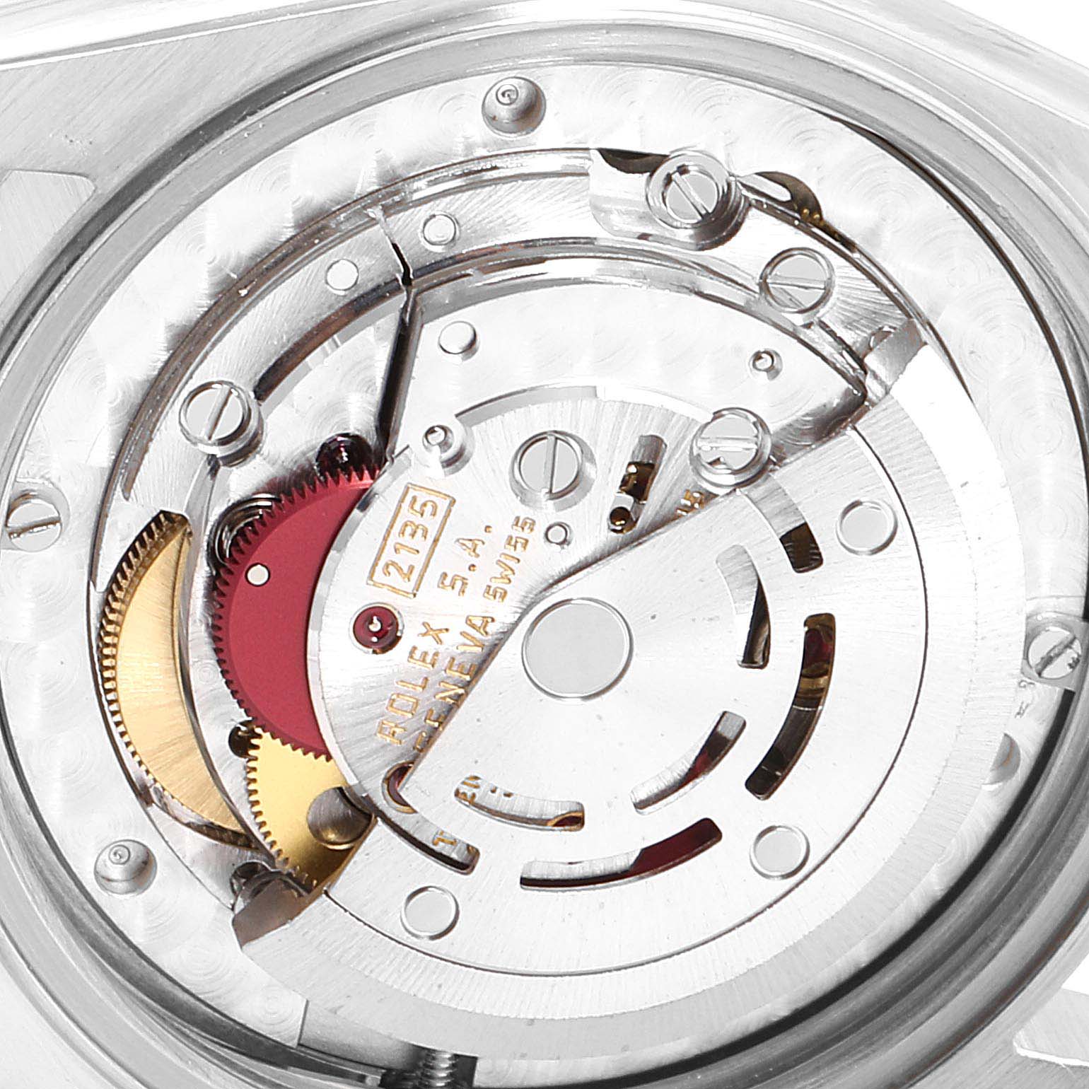 This close-up image shows the internal mechanical movement of a Rolex Mid-Size 68243 Women
s Steel and Gold (two tone) Beige Dial 68243 Women
s Steel and Gold (two tone) Beige Dial model watch.