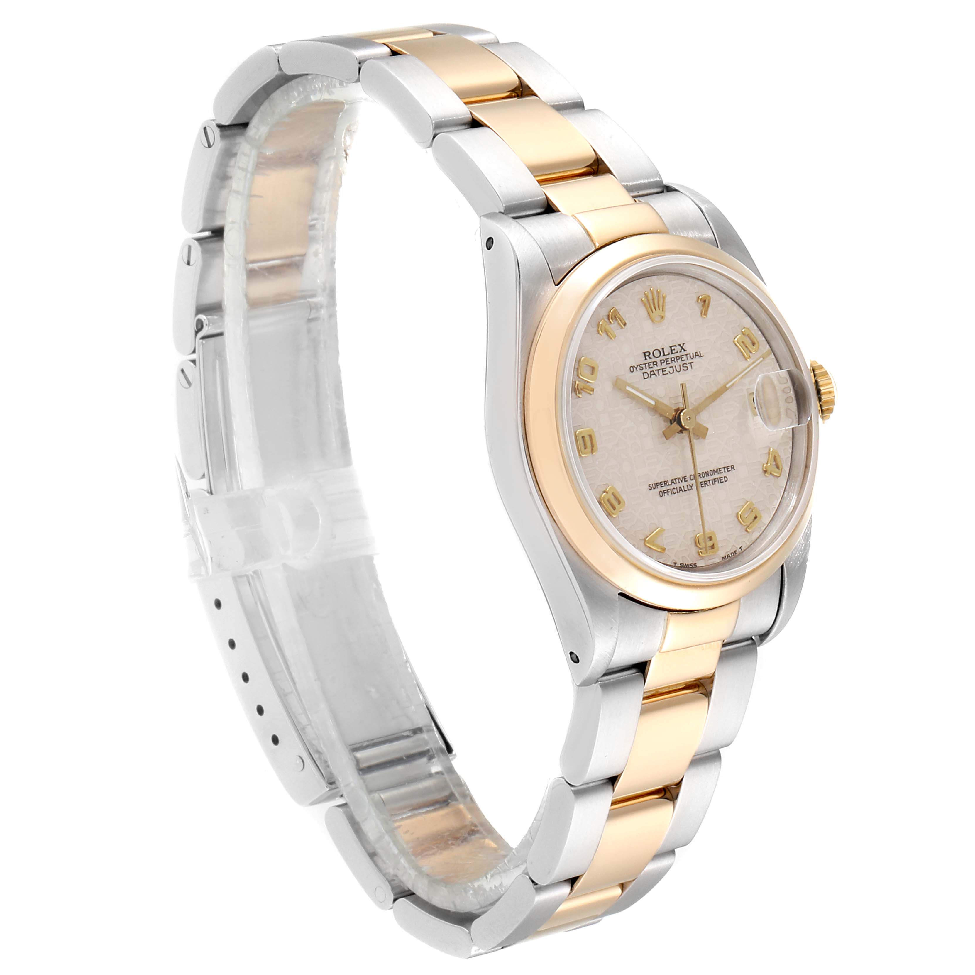 The image shows a side angle of a Rolex Mid-Size 68243 Women
s Steel and Gold (two tone) Beige Dial 68243 Women
s Steel and Gold (two tone) Beige Dial watch, featuring its two-tone metal bracelet and dial.