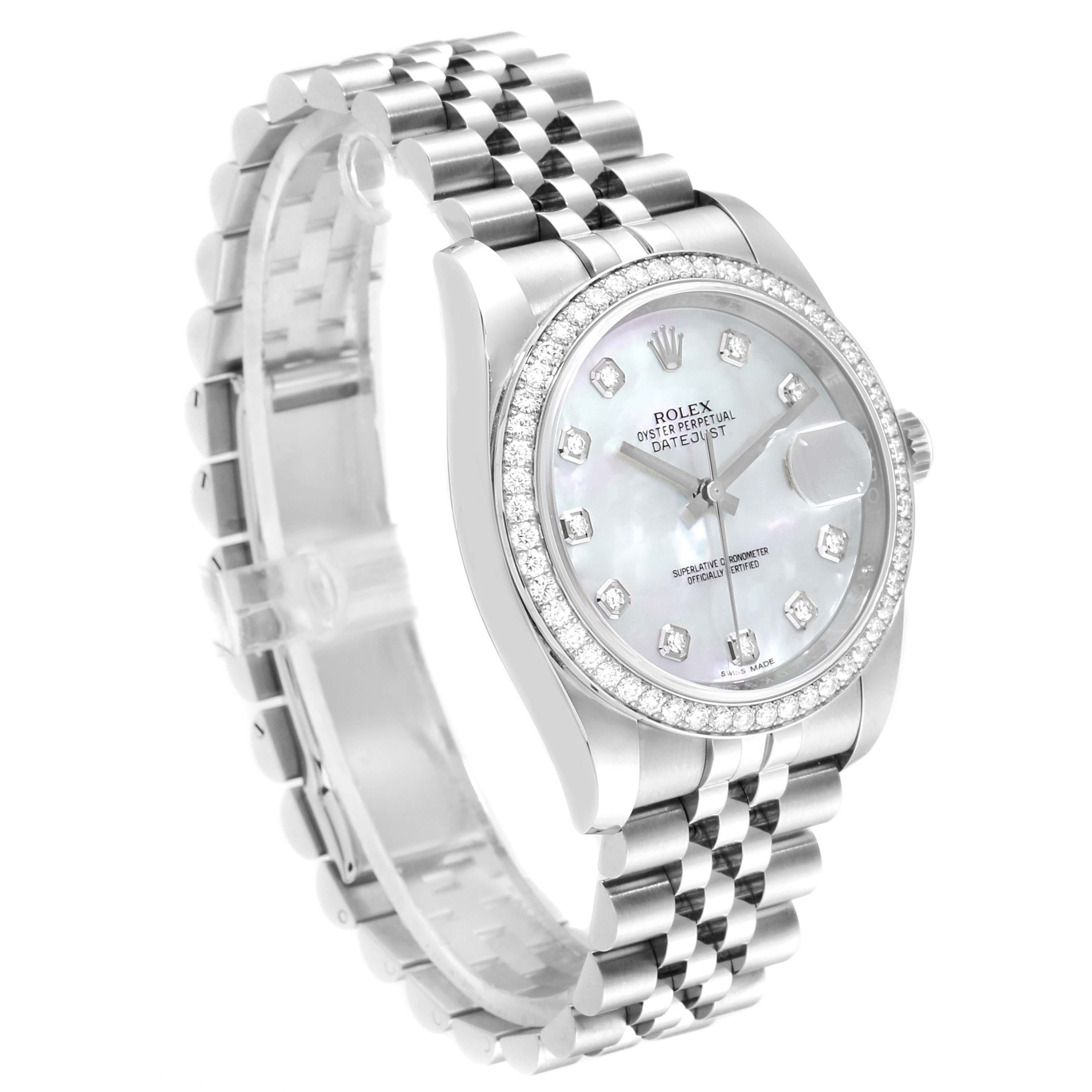 The image shows a Rolex Datejust 116244 Men's Stainless Steel Mother of Pearl Dial 116244 Men's Stainless Steel Mother of Pearl Dial watch from a three-quarter angle, highlighting its face, bezel, and bracelet.