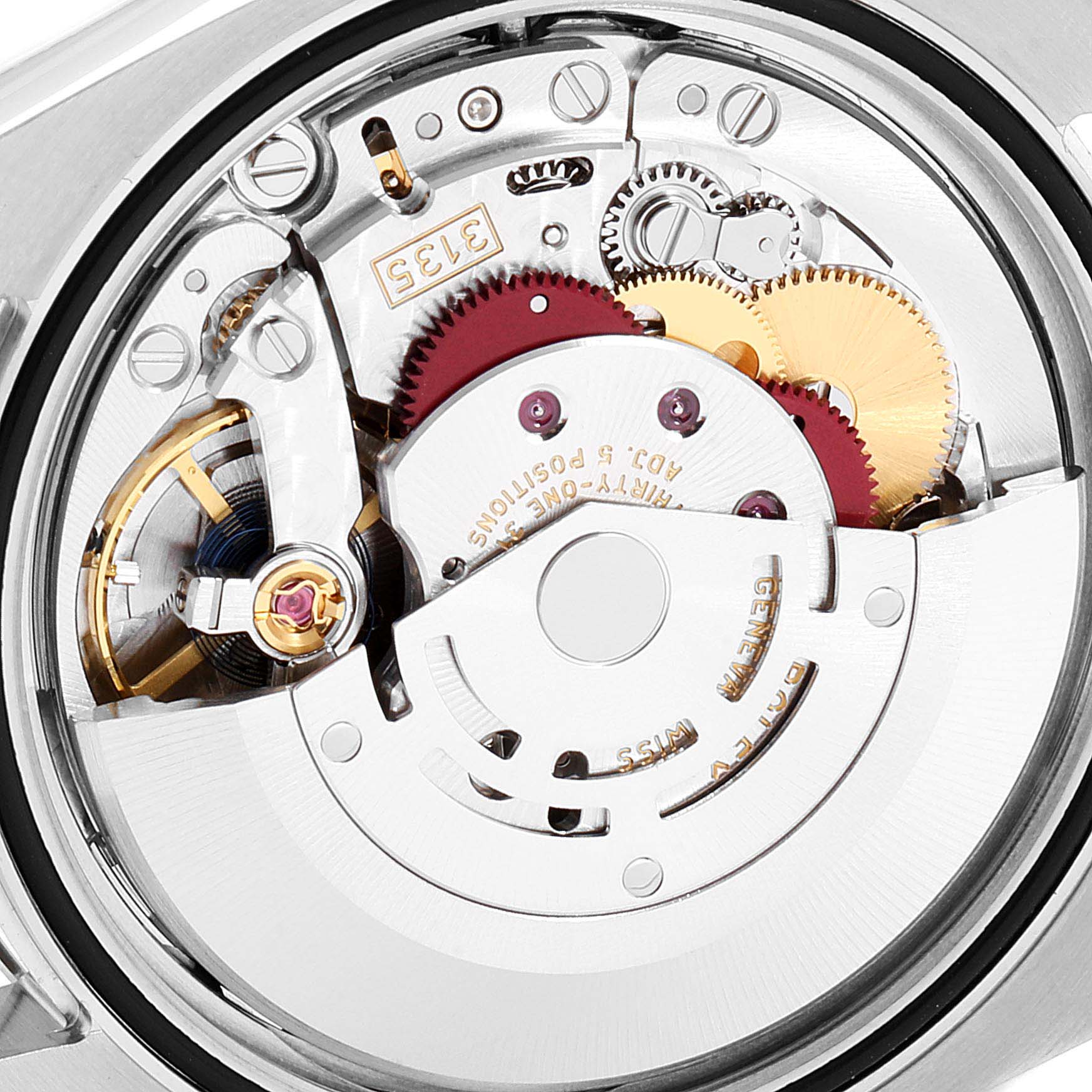 This image shows the internal mechanism of a Rolex Datejust 116244 Men's Stainless Steel Mother of Pearl Dial 116244 Men's Stainless Steel Mother of Pearl Dial watch, focusing on the movement components.