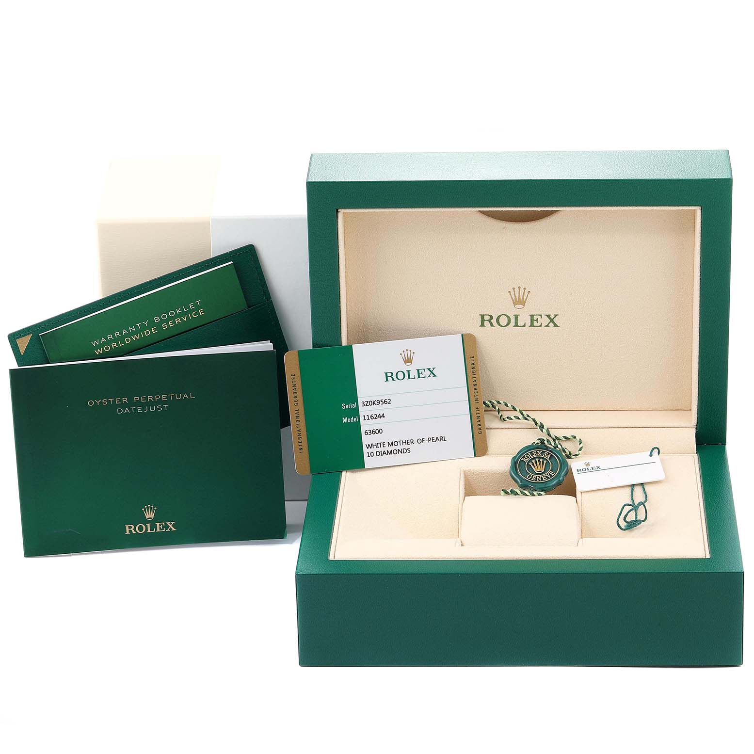 The image shows the packaging, warranty booklets, tags, and accessories for a Rolex Datejust 116244 Men's Stainless Steel Mother of Pearl Dial 116244 Men's Stainless Steel Mother of Pearl Dial model watch.