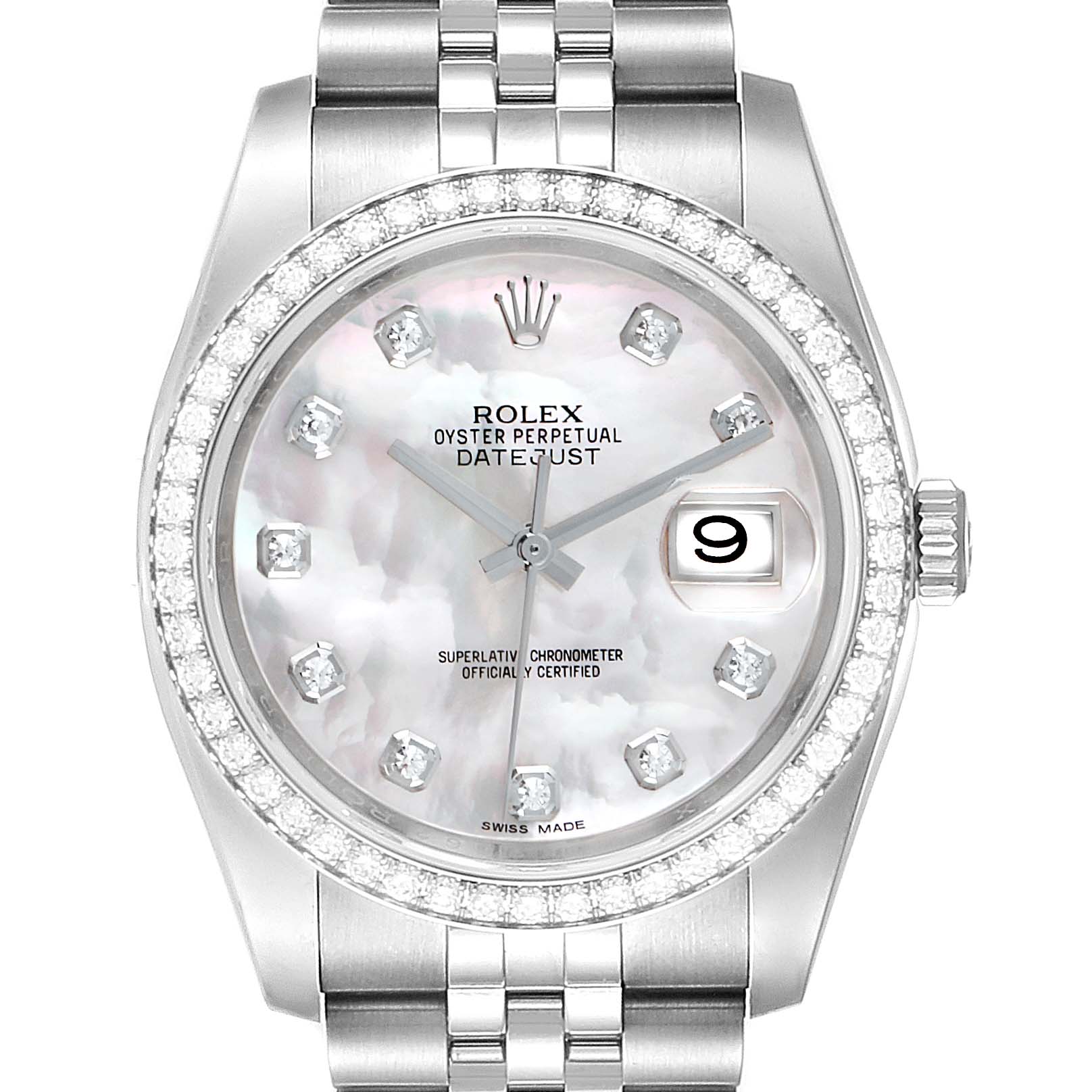This is a frontal view of a Rolex Datejust 116244 Men's Stainless Steel Mother of Pearl Dial 116244 Men's Stainless Steel Mother of Pearl Dial watch, showing the face, bezel, and part of the bracelet.