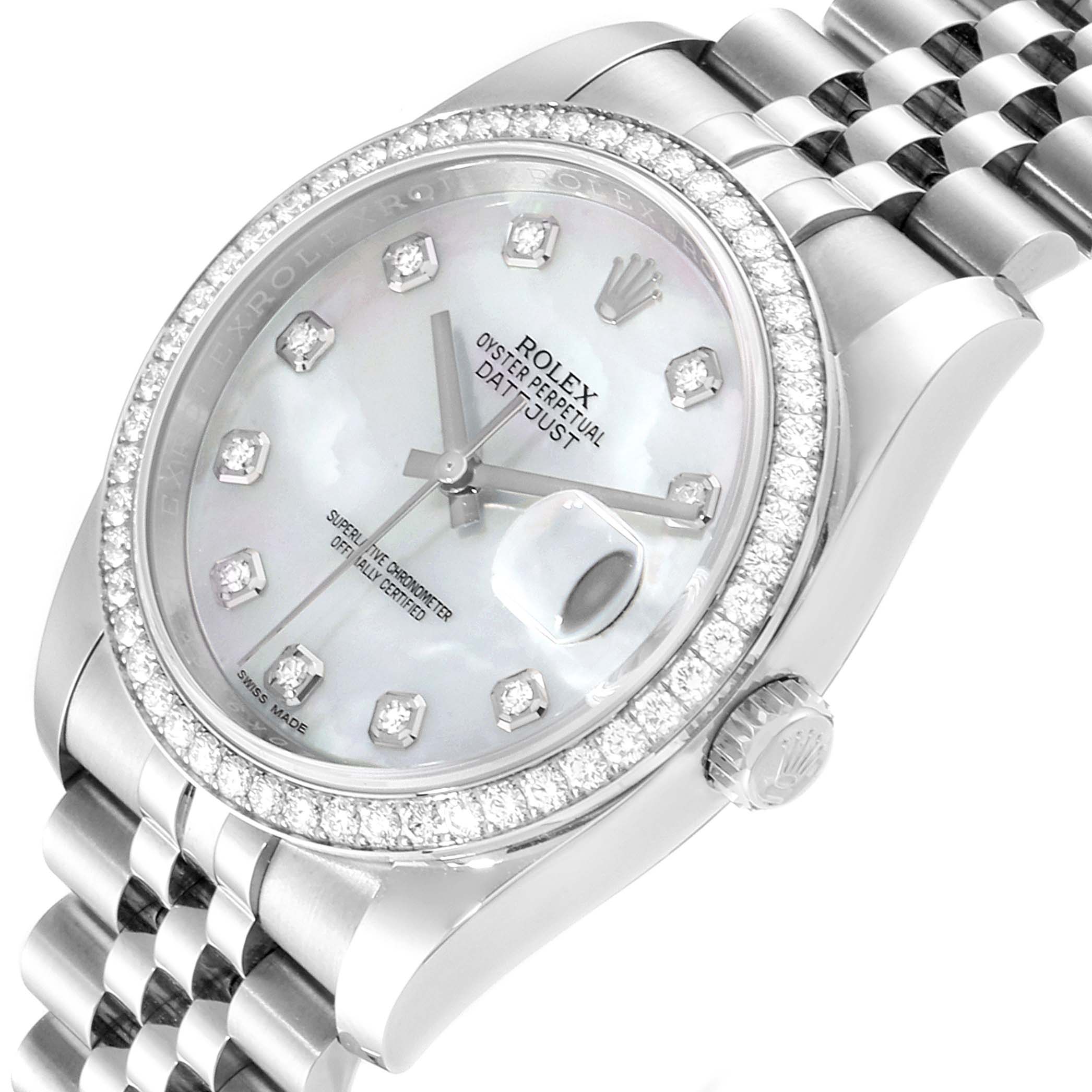 This image shows a Rolex Datejust 116244 Men's Stainless Steel Mother of Pearl Dial 116244 Men's Stainless Steel Mother of Pearl Dial watch at a slight left angle, highlighting its face, bezel, and part of the bracelet.