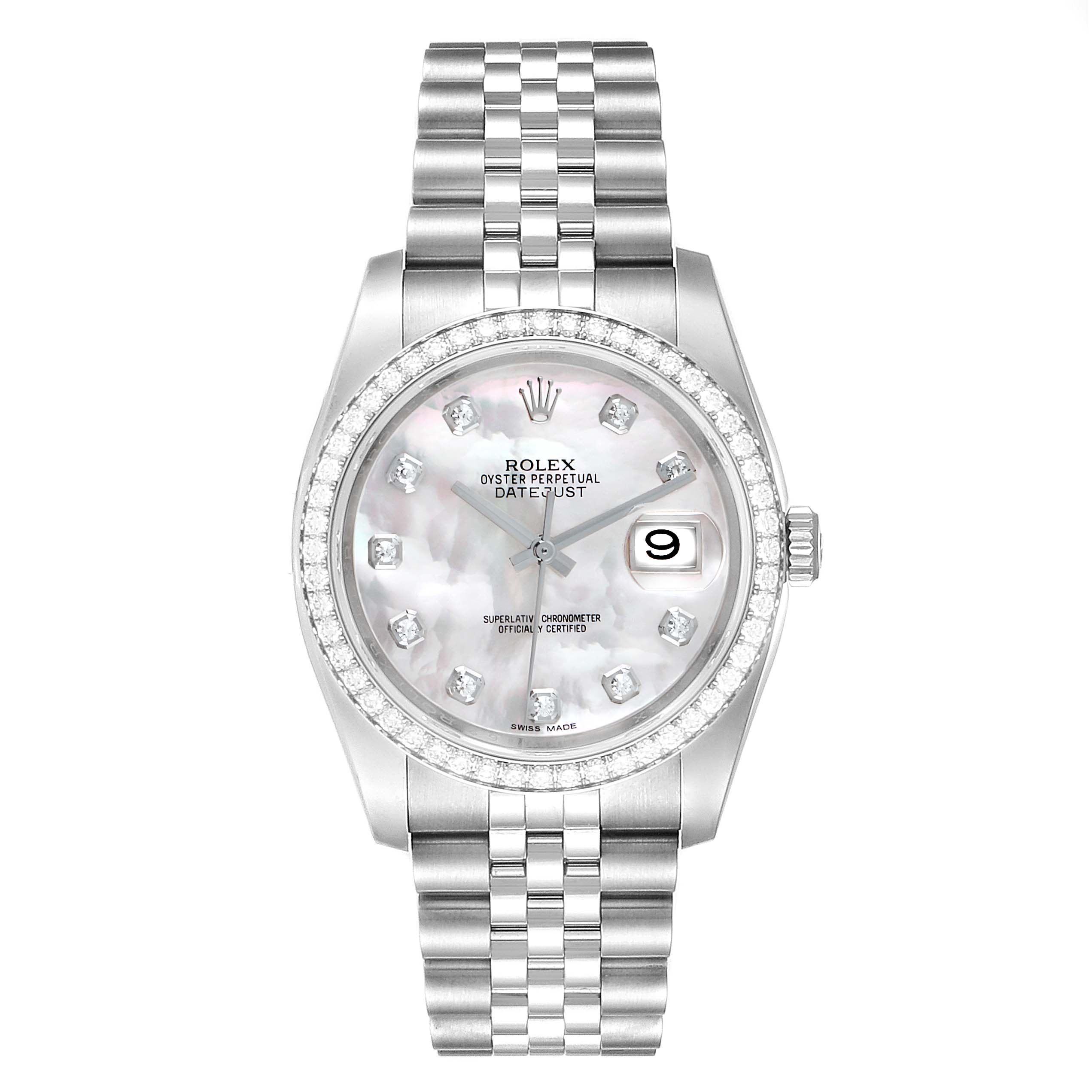 The image shows a front view of a Rolex Datejust 116244 Men's Stainless Steel Mother of Pearl Dial 116244 Men's Stainless Steel Mother of Pearl Dial watch, highlighting the dial, bezel, and bracelet.