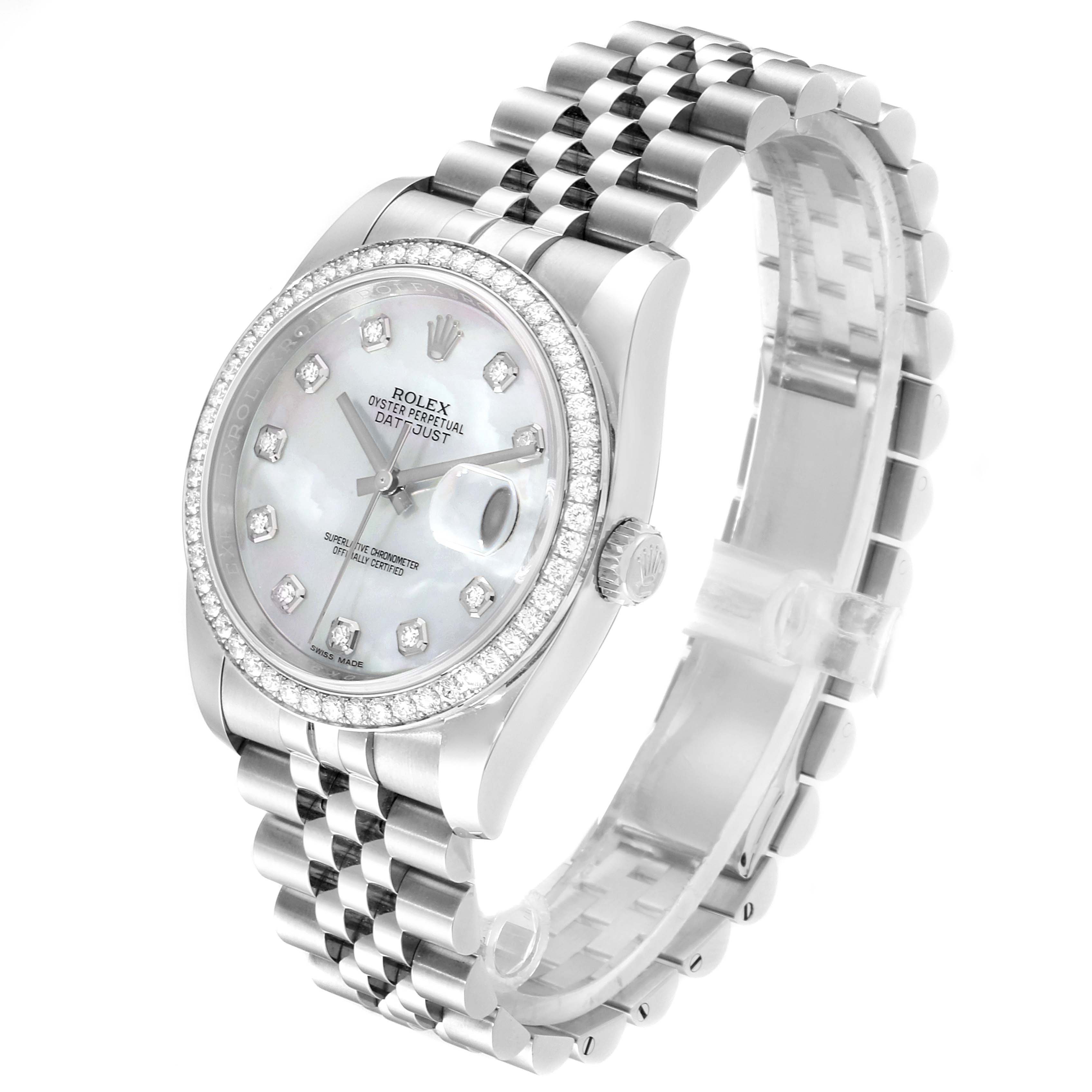 The image shows a Rolex Datejust 116244 Men's Stainless Steel Mother of Pearl Dial 116244 Men's Stainless Steel Mother of Pearl Dial watch at a three-quarter angle, highlighting its bezel, dial, bracelet, and crown.
