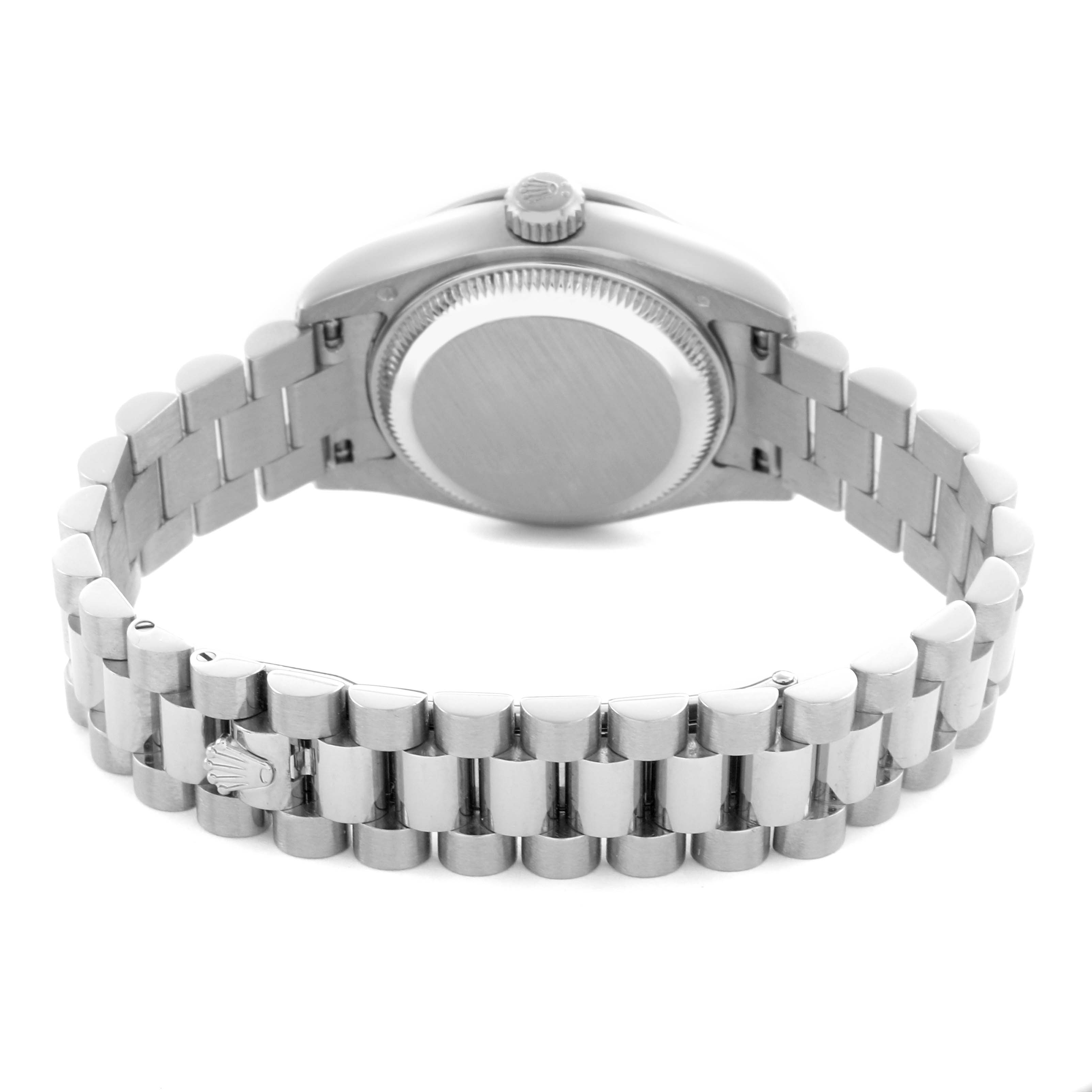The image shows the back view of the Rolex President 179159 Women's White Gold White Dial 179159 Women's White Gold White Dial watch, highlighting the case back and bracelet.