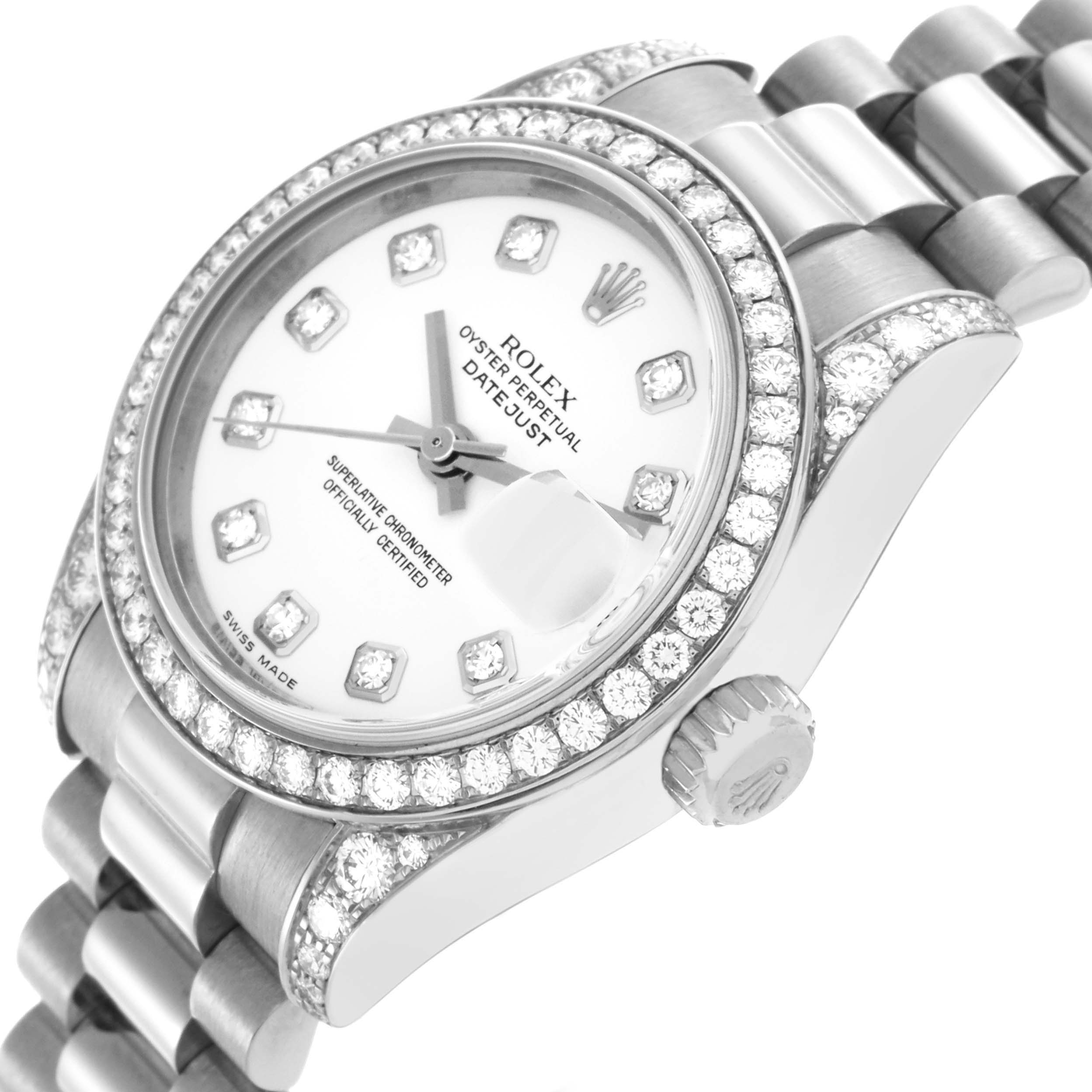 The Rolex President 179159 Women's White Gold White Dial 179159 Women's White Gold White Dial model watch is shown at an angled perspective, highlighting the diamond-studded bezel, dial, and part of the bracelet.