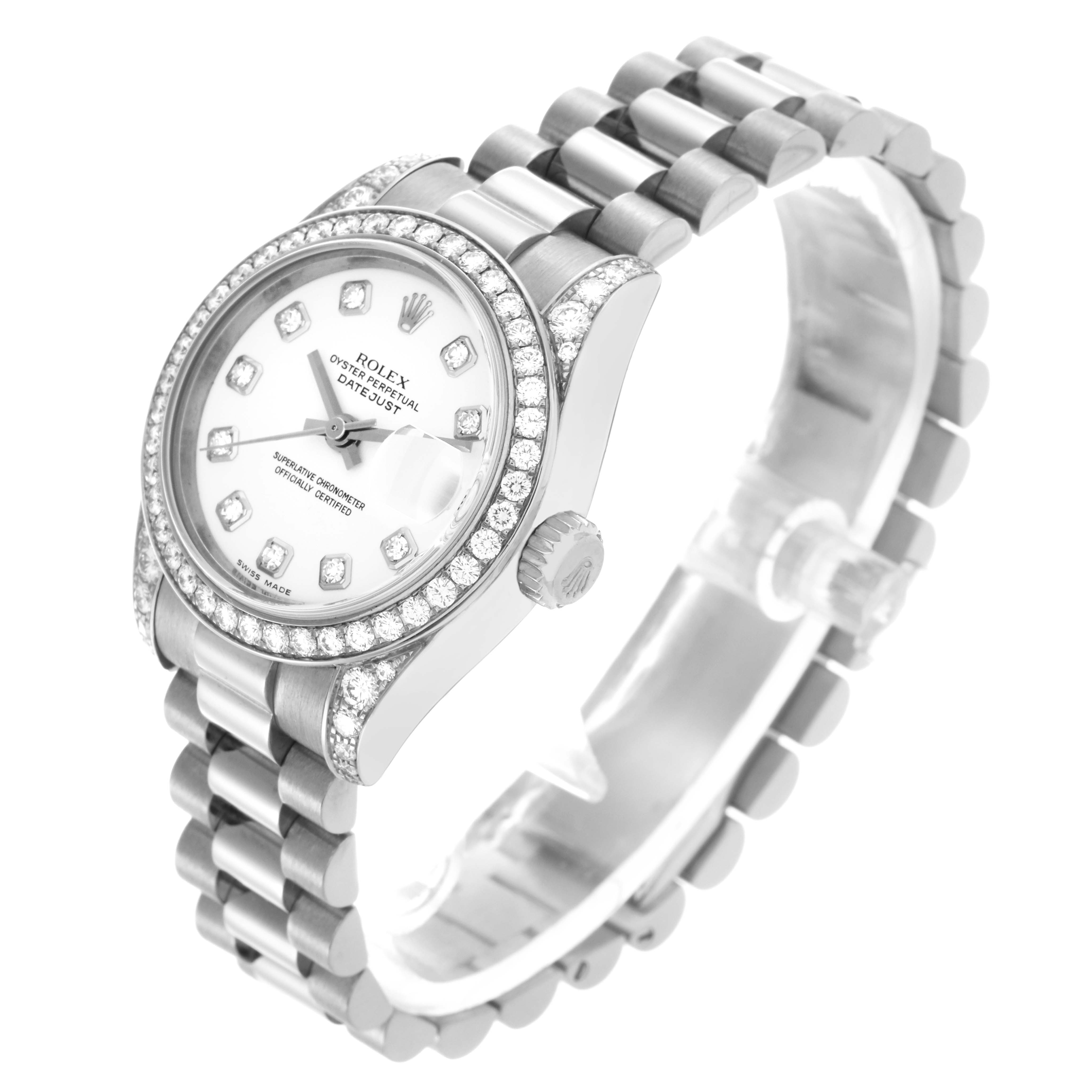 The Rolex President 179159 Women's White Gold White Dial 179159 Women's White Gold White Dial model watch is shown at an angled side view, highlighting the dial, bezel, crown, and bracelet.