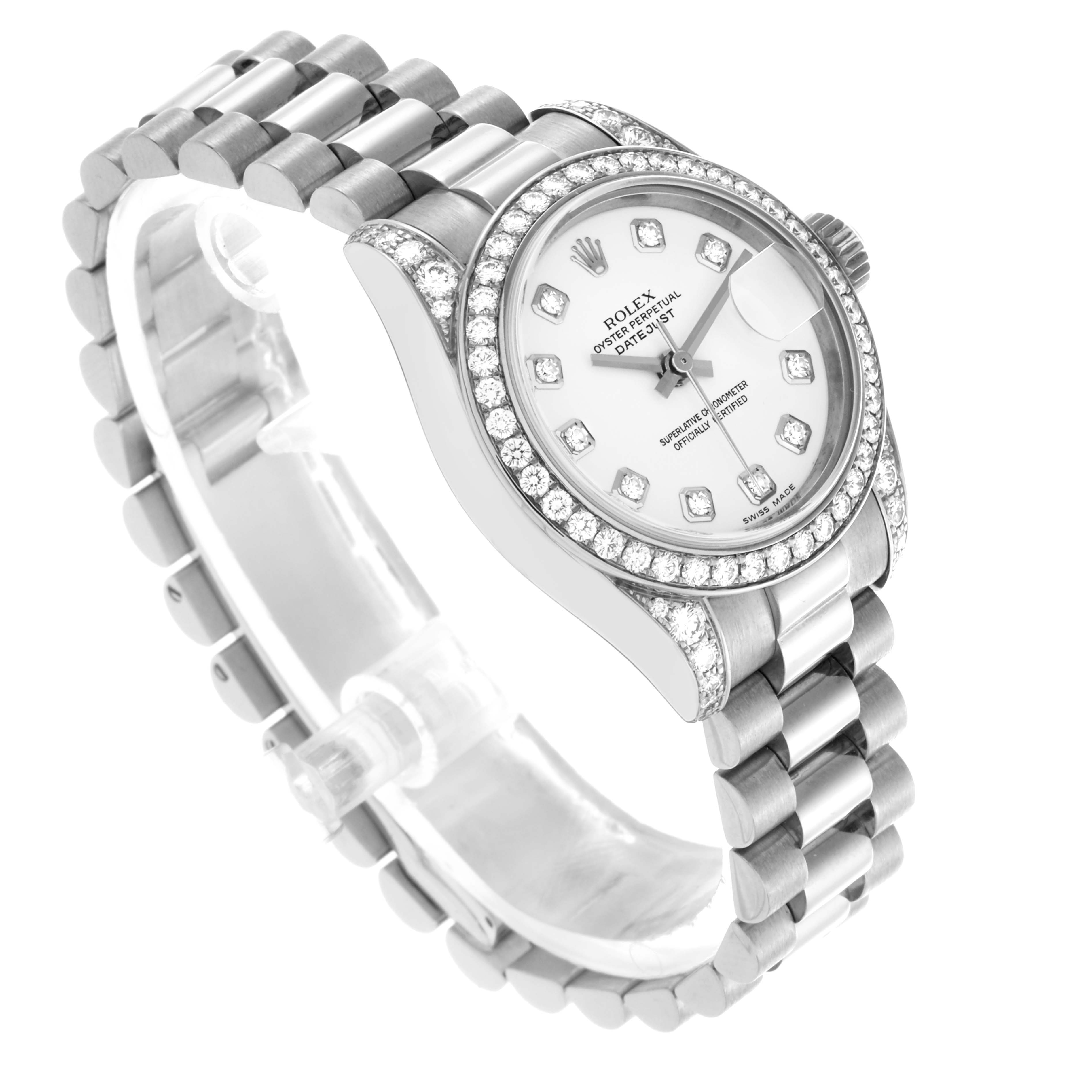 The Rolex President 179159 Women's White Gold White Dial 179159 Women's White Gold White Dial watch is shown at a three-quarter angle, highlighting the diamond bezel, dial, and bracelet.