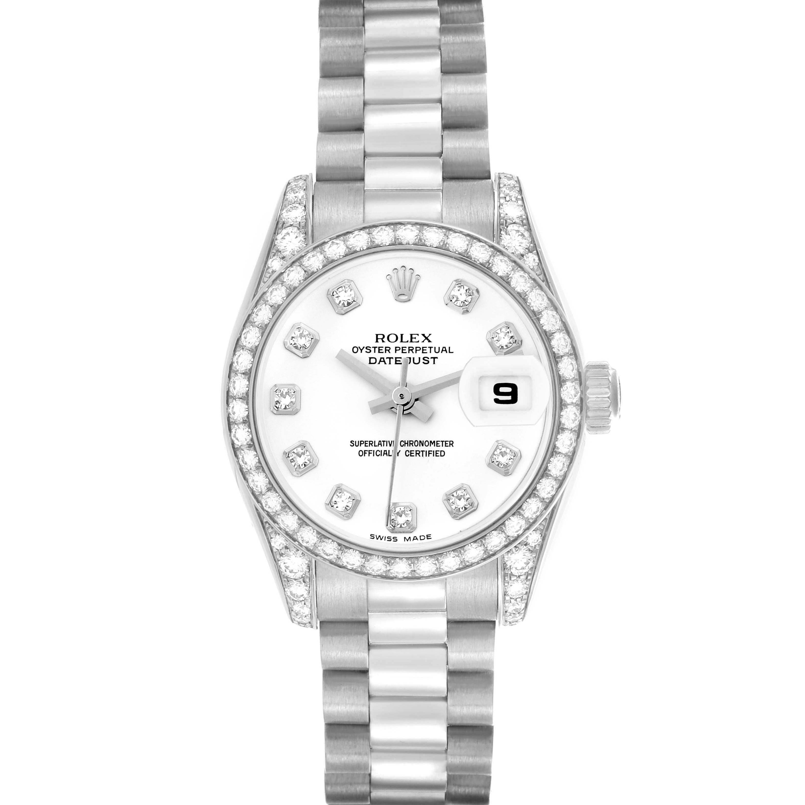The Rolex President 179159 Women's White Gold White Dial 179159 Women's White Gold White Dial model watch is shown from a front angle, displaying the bezel, dial, and bracelet.