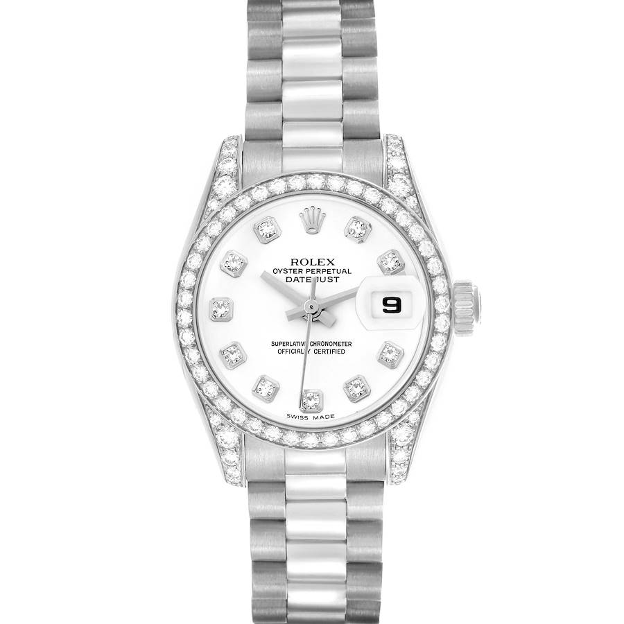 The Rolex President model watch is shown from a front angle, displaying the bezel, dial, and bracelet.